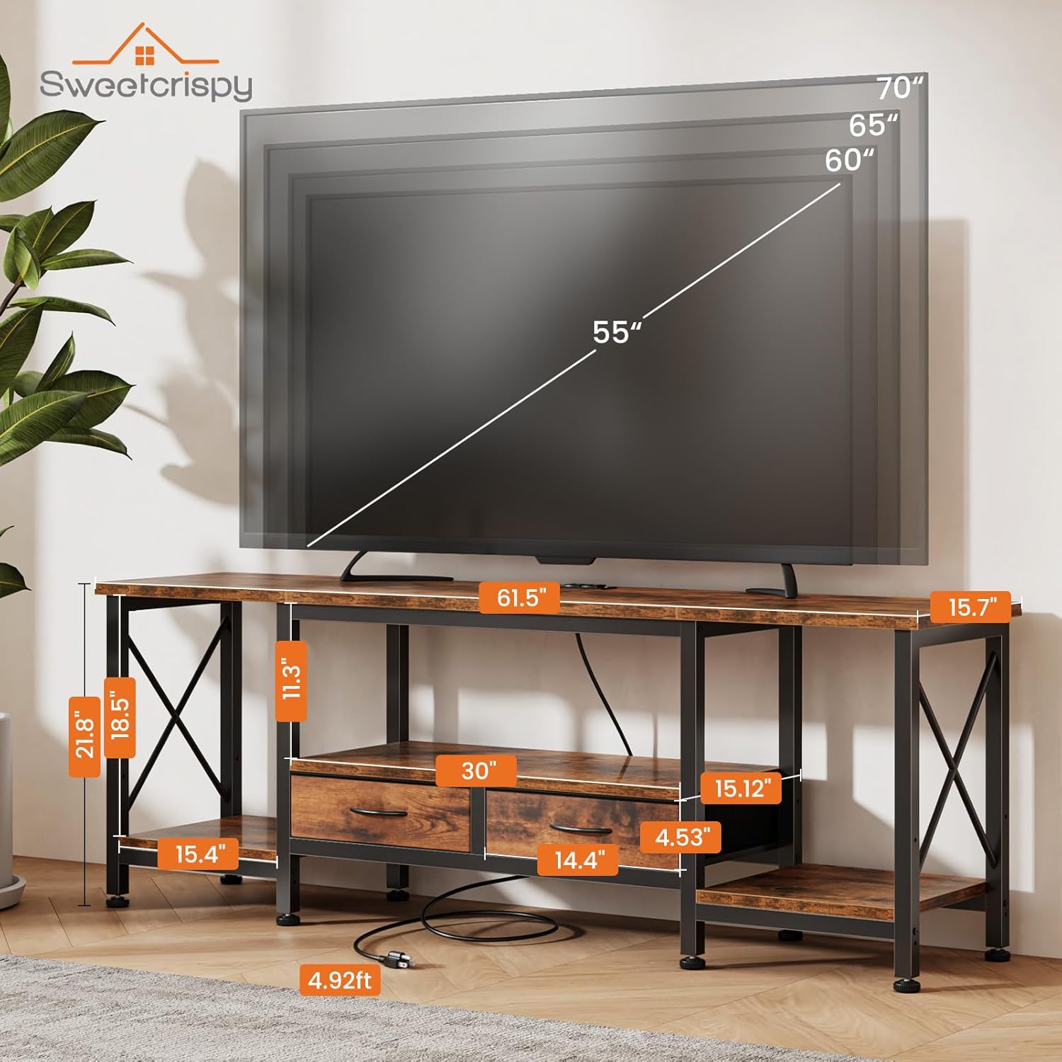 DUMOS 63” TV Stand with Power Outlets, Entertainment Center for TVs Up to 75 Inches, Industrial Media Console with Fabric Drawers and Open Shelves, Rustic Brown TV Table for Living Room, Bedroom