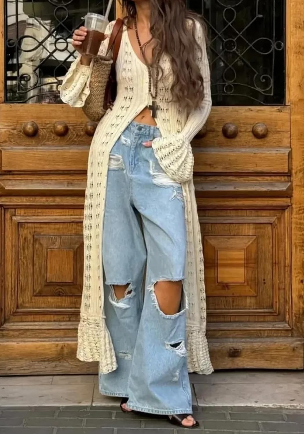 Women's Hollow Maxi Crochet Cardigans Flared Sleeve Long Casual Knit Vacation Open Front Lightweight Cover Up - Image 3