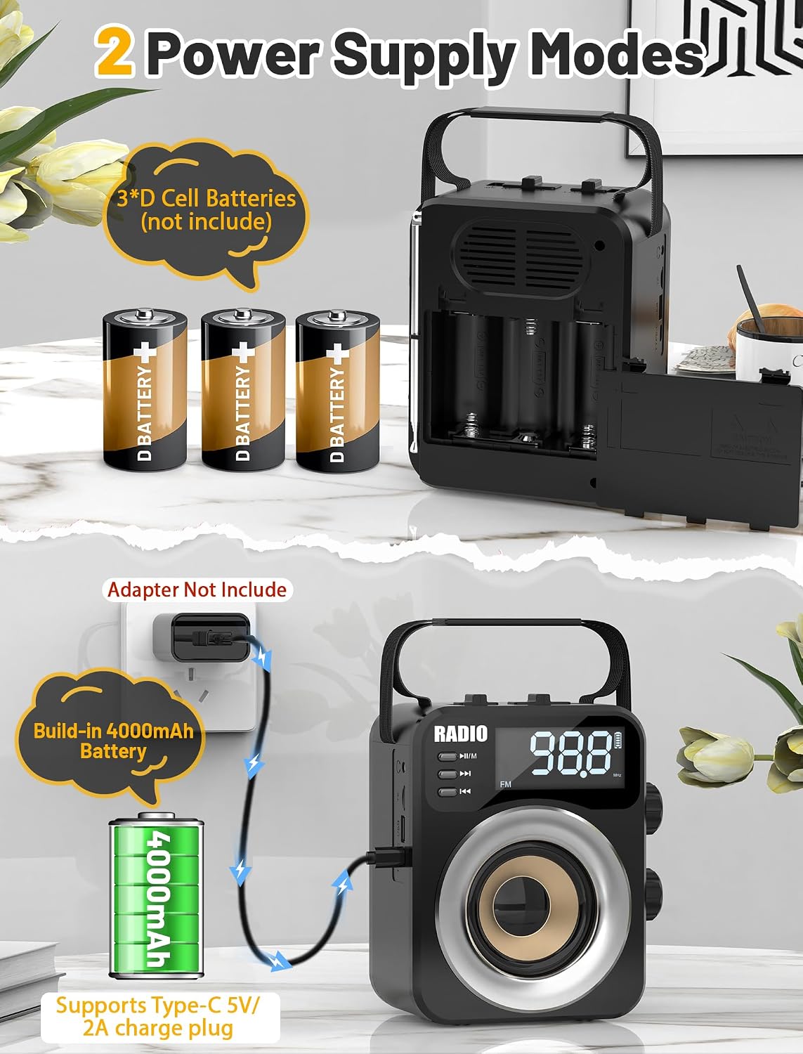 Portable AM/FM/WB/SW Radio, 4000mAh Rechargeable & 3×D Cell Battery Powered 5 71KNFMsKUSL. AC SL1500