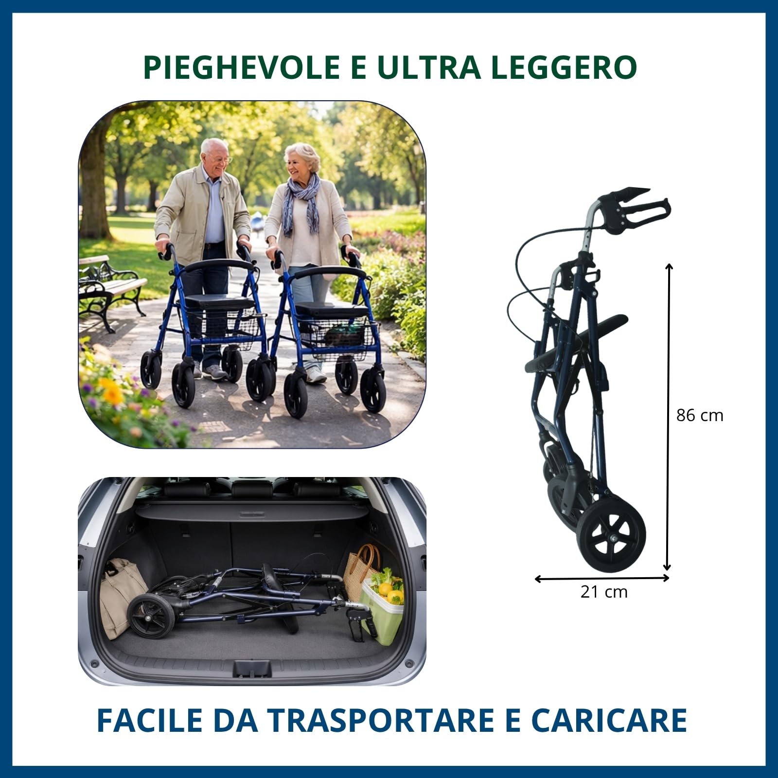 TERMIGEA RO23 Deambulatore per Anziani con Seduta Pieghevole in Alluminio Ultraleggero, Carrello per Anziani per Camminare con Sedile, Freni di Stazionamento e Altezza Impugnature Regolabile