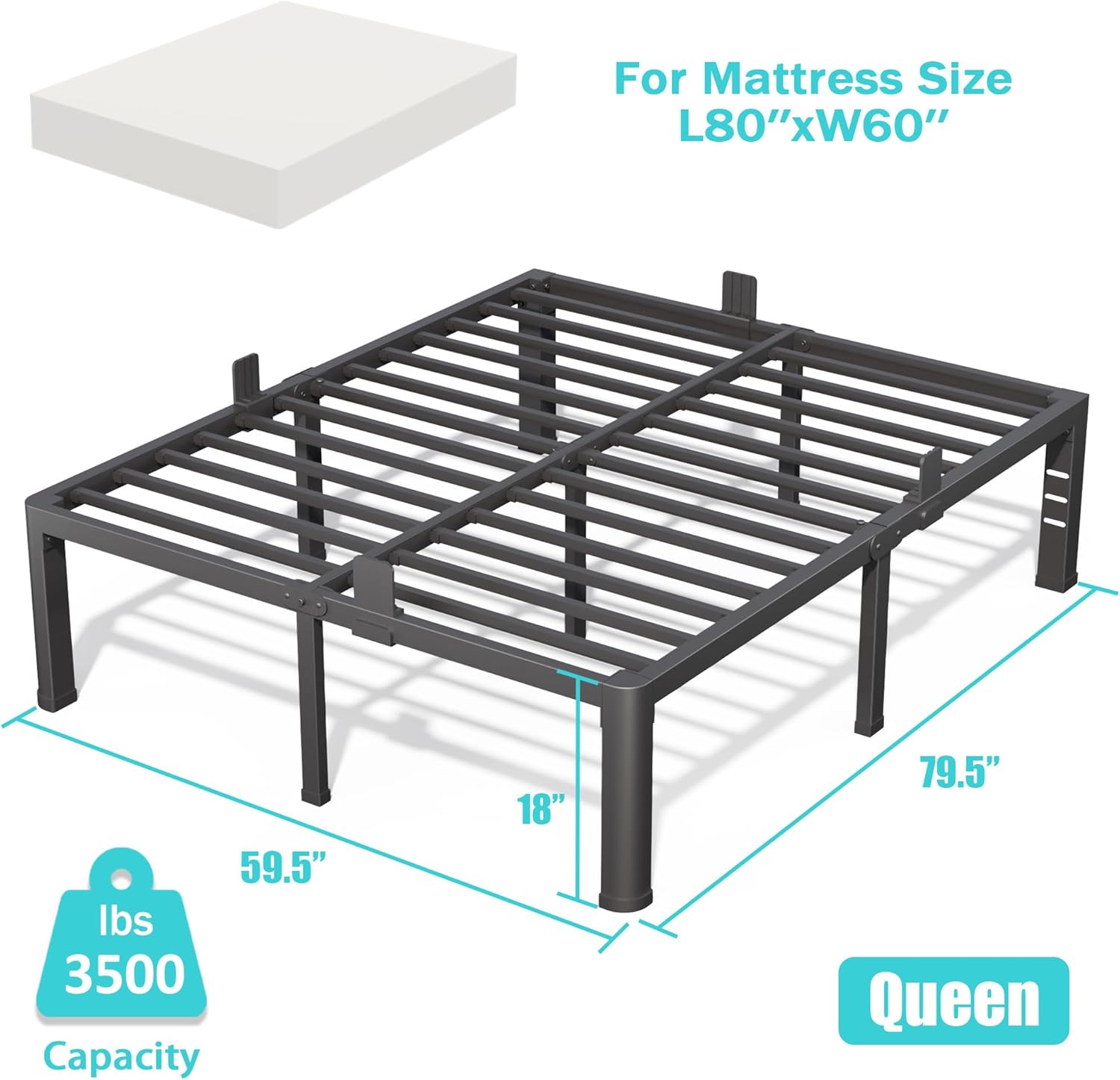 18 Inch Queen Bed Frame with Rounded Corner and Headboard Hole Mattress Retainers 3500 lbs Heavy Duty Support Metal Platform Bed Frame Noise Free No Box Spring Needed Easy Assembly - Image 2