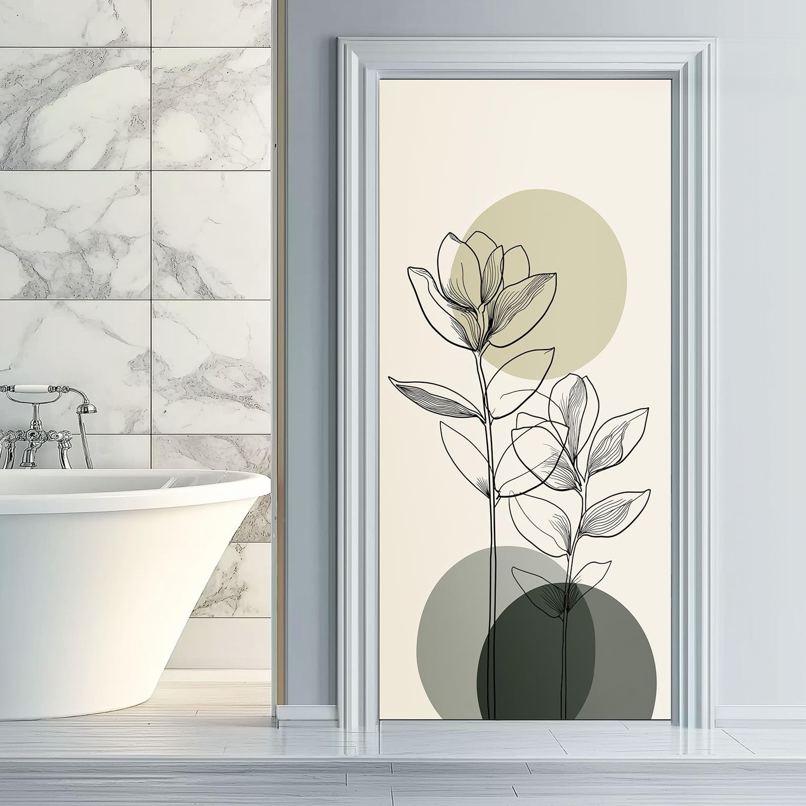 PVC Adhesivo Fotográfico Pegatina 95x215 cm Vinilos Decorativos para Puerta Pared Cocina Sala de Baño Plantas Abstractas Círculos, Verde Claro