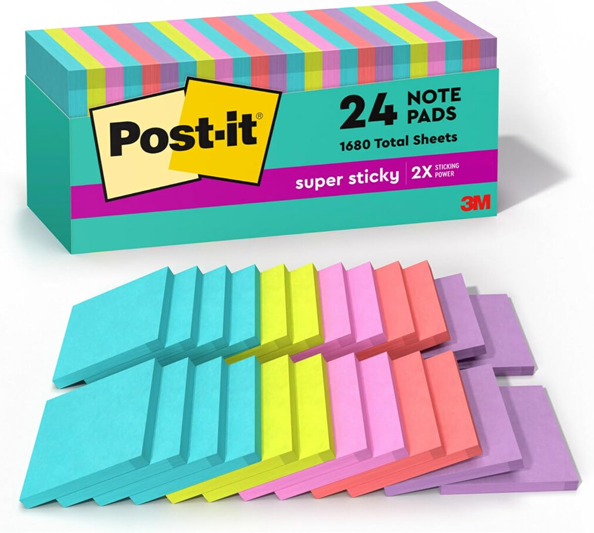 Post-it Super Sticky Notes, 24 Sticky Note Pads, 3 x 3 in., Ideal for Organization in Your Dorm, Home or Office, 2X The Sticking Power, Supernova Neons Collection