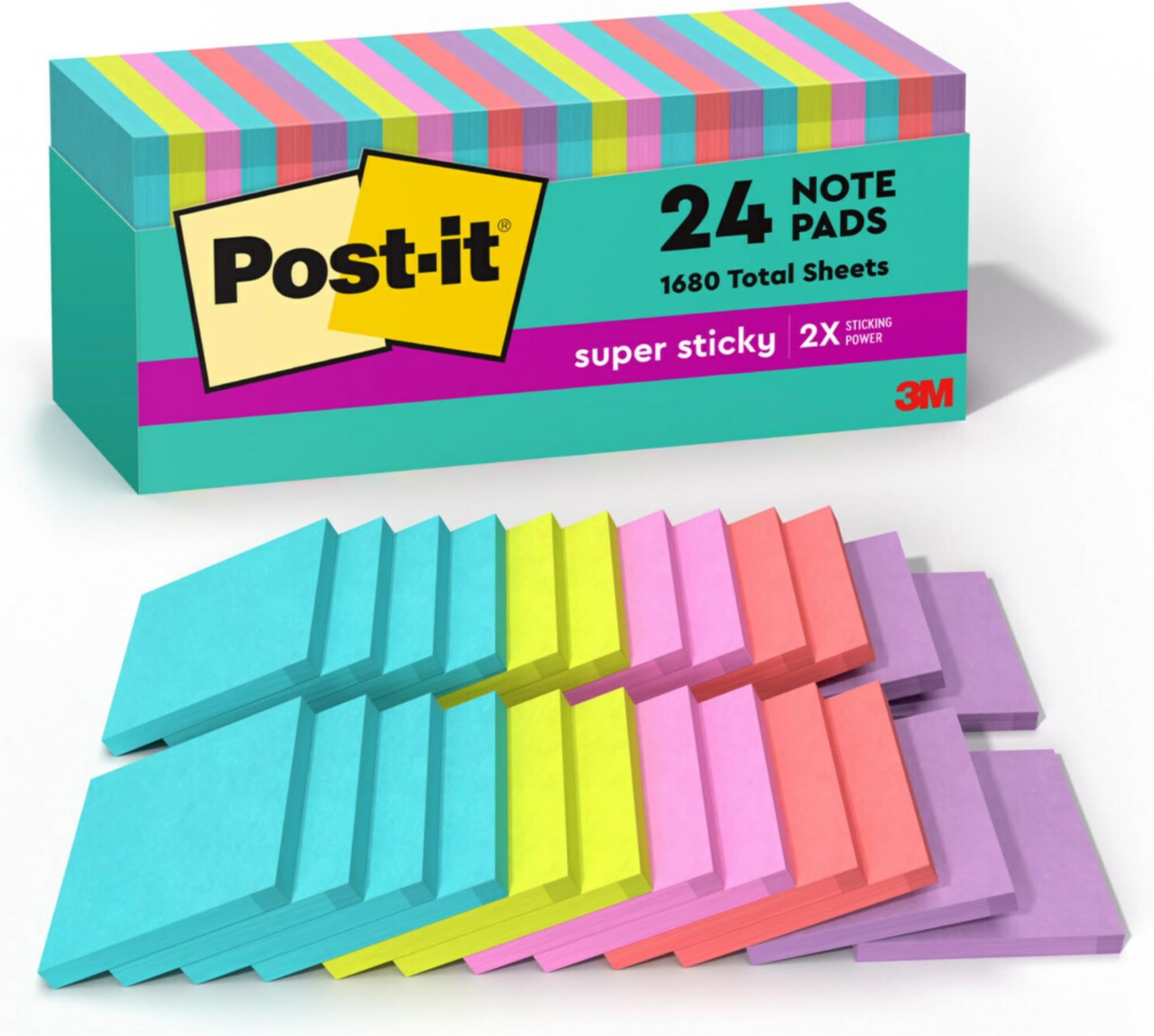 Post-it (ポストイット) 強力粘着 3 x 3インチ 24 パッド 粘着力2倍 マイアミコレクション ネオンカラー (オレンジ、ピンク、ブルー、グリーン) リサイクル可能 (654-24SSMIA-CP)