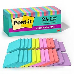 Post-it Super Sticky Notes, 24 Sticky Note Pads, 3 x 3 in., School Supplies, Office Products, Sticky Notes for Vertical Surfaces, Monitors, Walls and Windows, Supernova Neons Collection