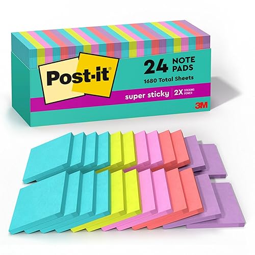 Post-it Super Sticky Notes, 24 Sticky Note Pads, 3 x 3 in., School Supplies, Office Products, 2X The Sticking Power, Supernova Neons Collection - 7.4" x 3.2"