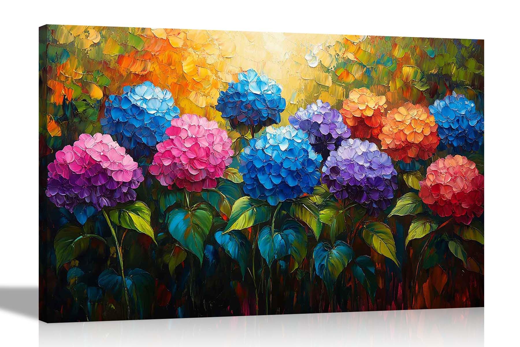 Artley Prints - Hydrangea Flowers Oil Painting Colourful Canvas Wall Art Framed Floral Pictures Contemporary Prints 76 x 50cm (30 x 20 inches)