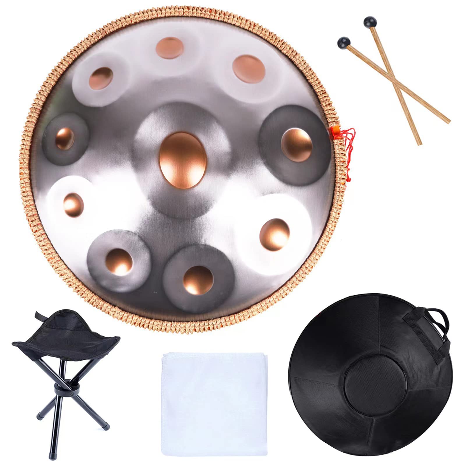Instrument bębenkowy Handpan w tonacji d-moll, 432 Hz, stalowy bęben ręczny z miękkim pokrowcem, pałkami, stojakiem - narzędzie dźwiękowe i medytacyjne