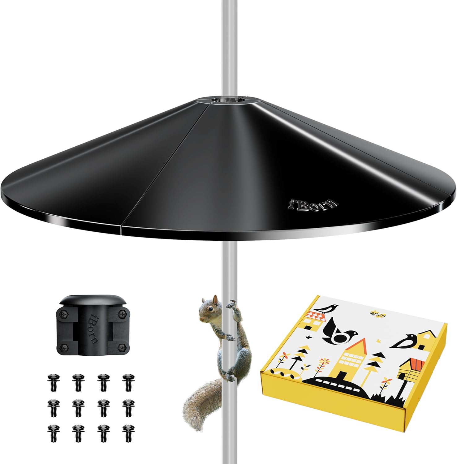 iBorn Squirrel Baffle, 19.5" Oversized Squirrel Defender, Chew-Proof PC, Black + 78" Bird Feeder Pole with Shepherds Hooks, 1“ Thickness, Black