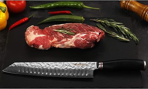 Miniatura 8 de YOUSUNLONG Kiritsuke - Cuchillo de chef japonés de acero Danascus de 10 pulgadas, afilado, mango de madera de plomo natural con funda de cuero