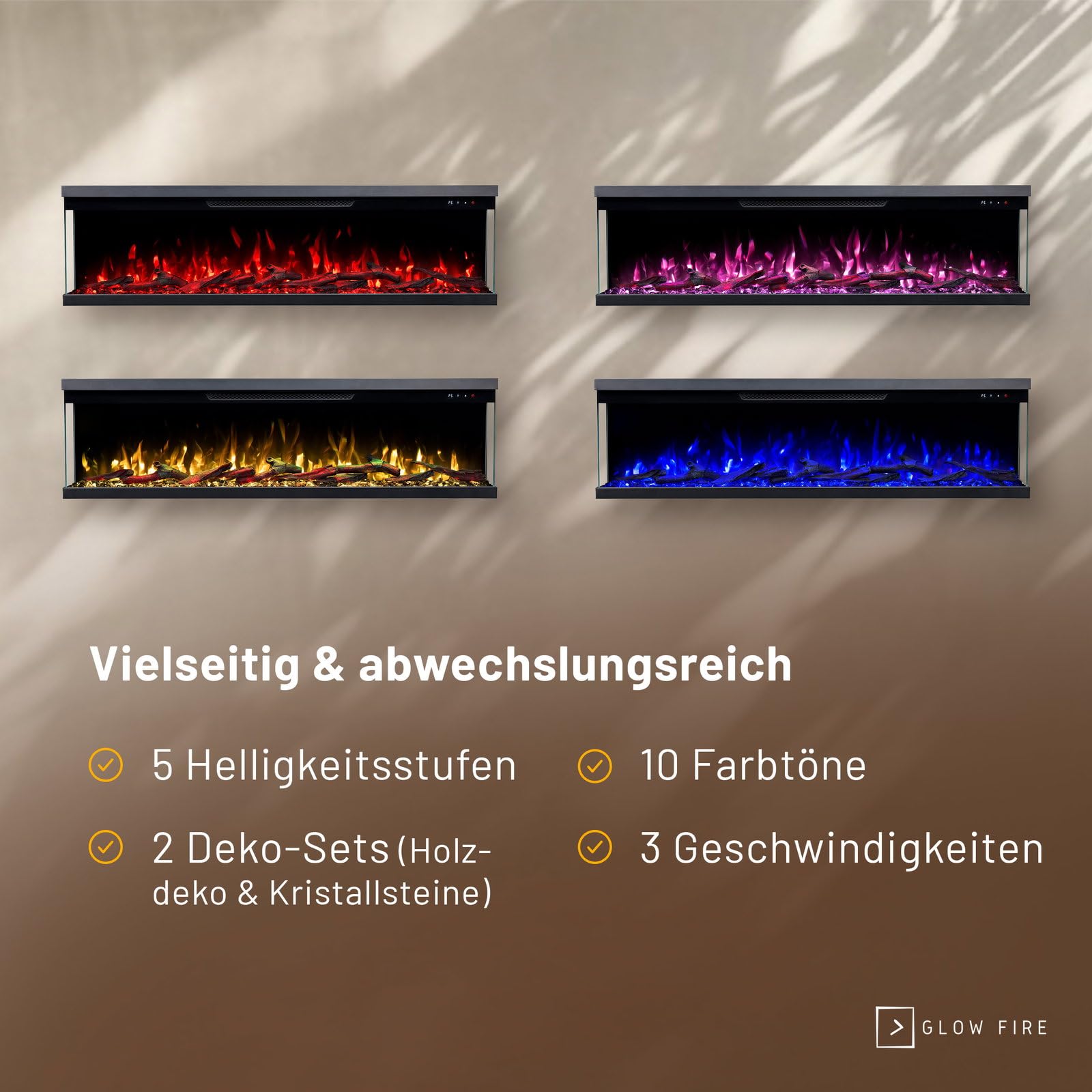 GLOW FIRE Kominek elektryczny Insert 106 z realistycznym ogniem LED 3D – ścienny kominek elektryczny z ogrzewaniem i ogniem, sterowanie za pomocą aplikacji, efekt trzaskania i timer, maks. 1800 W, 127