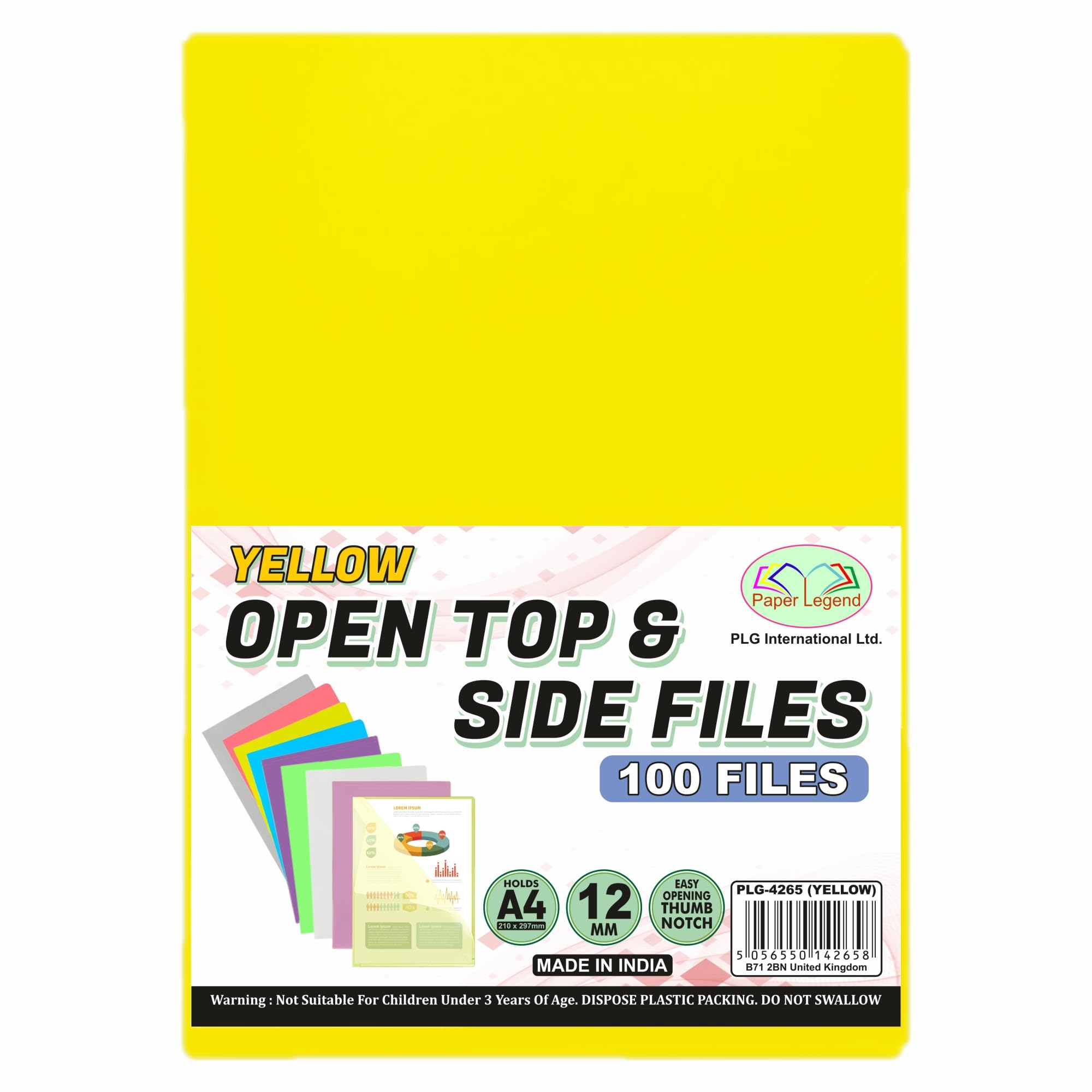 (100 Pcs) A4 Cut Flush - Open Top & Side Files L Type Folder to Protect Files 12mm Transparent Plastic Wallet Sleeves Gloss & Plain Project Presentation Cover Thumb Notch for Paper Storage (Yellow)