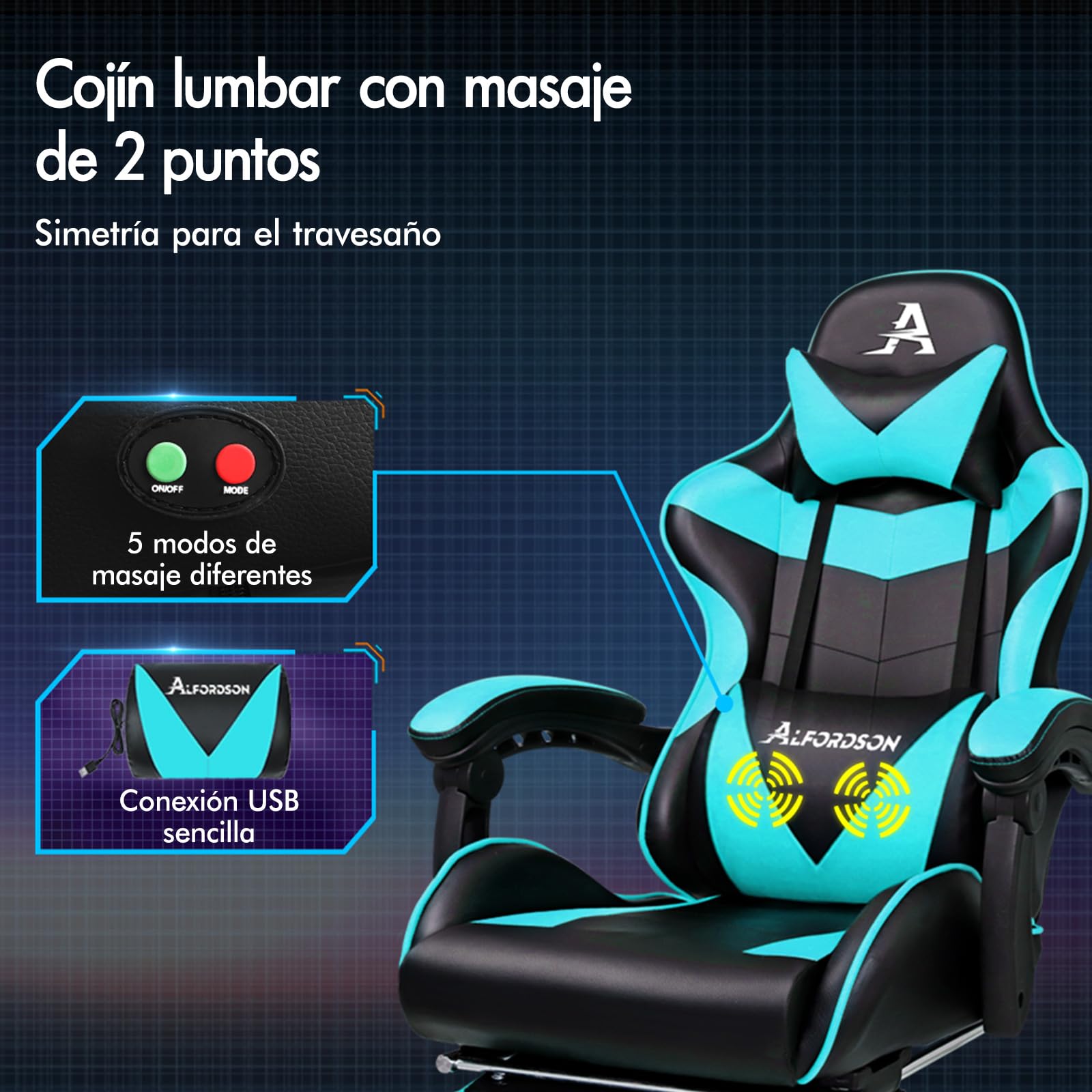 ALFORDSON Silla Gaming Escritorio con Masajeador, Silla Gamer Ergonómica Cojín Lumbar y Cervical, Reposapiés Retráctil, Ruedas Giratorias 360°, para Oficina, Videojuego, Ordenador, Cuero PU(Cian)
