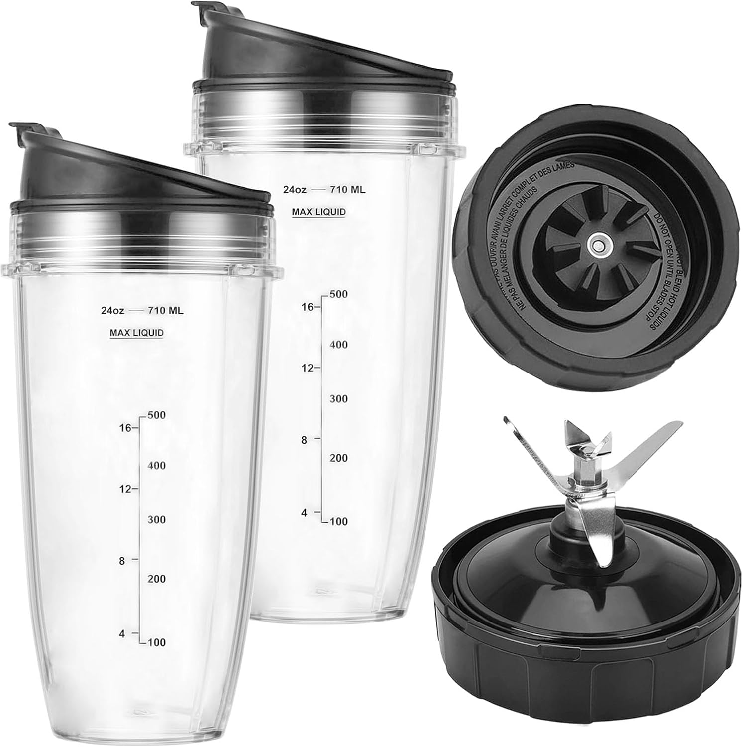 Blender Replacement Parts for Ninja, 24oz Ninja Blender Cups with To-Go Lids, 7 Fins Extractor Blade, Compatible with Nutri Ninja Auto iQ Blenders BN401 BN801 BN751 BL450-30 BL480-30