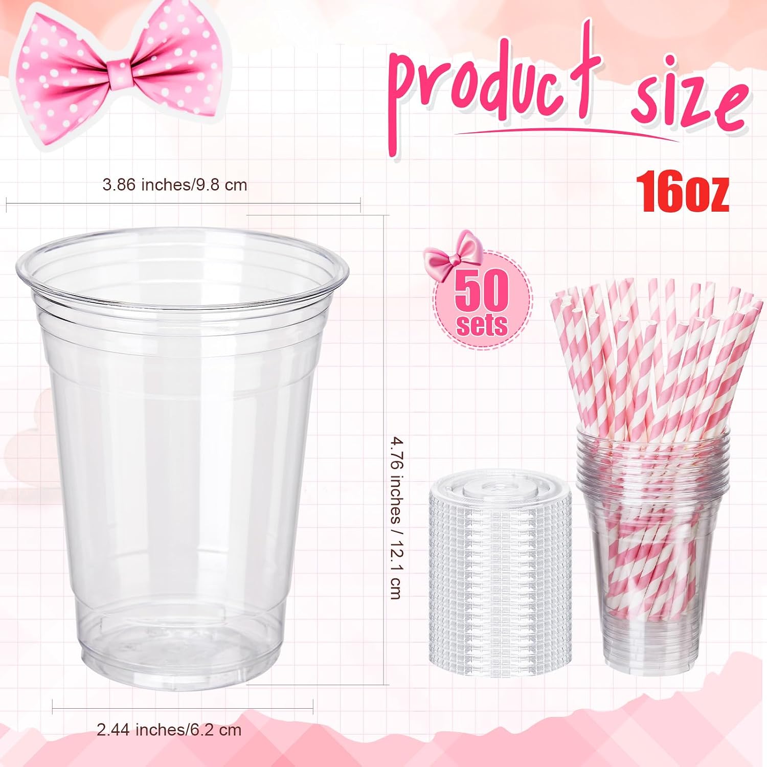 50 Pcs 16 oz Breast Cancer Awareness Cups with Lids & Straws image 2