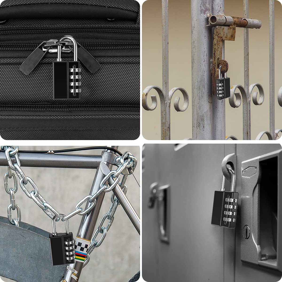 Lot de 4 cadenas à combinaison à 4 chiffres réinitialisables avec clés, étanche pour l'école, la salle de sport ou le casier de sport, clôture, boîte à outils, étui, rangement de moraillon