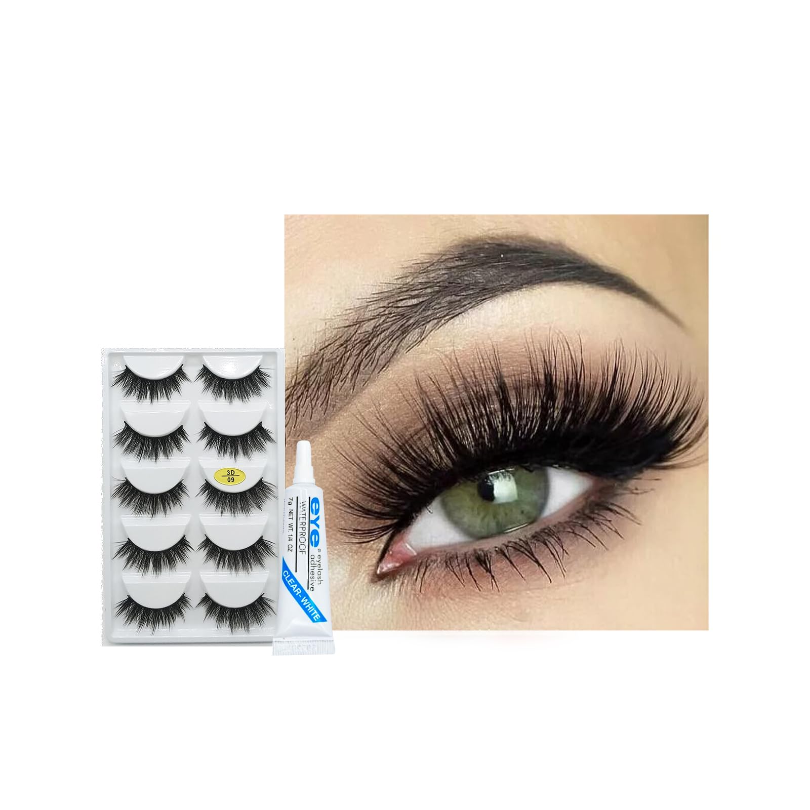 Lashes False Eyelashes,Fluffy Russian Eyelash 5 Pairs Strip with Glue, Volume Dramatic Fluffy Wispy Natural Eyelashes, 3D Thick Long Fake Lashes