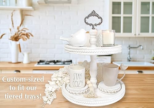 Vista 5 de Felt Creative Home Goods Juego de 2 elevadores redondos de madera rústica con cuentas – Soportes de pedestal de decoración apilables resistentes