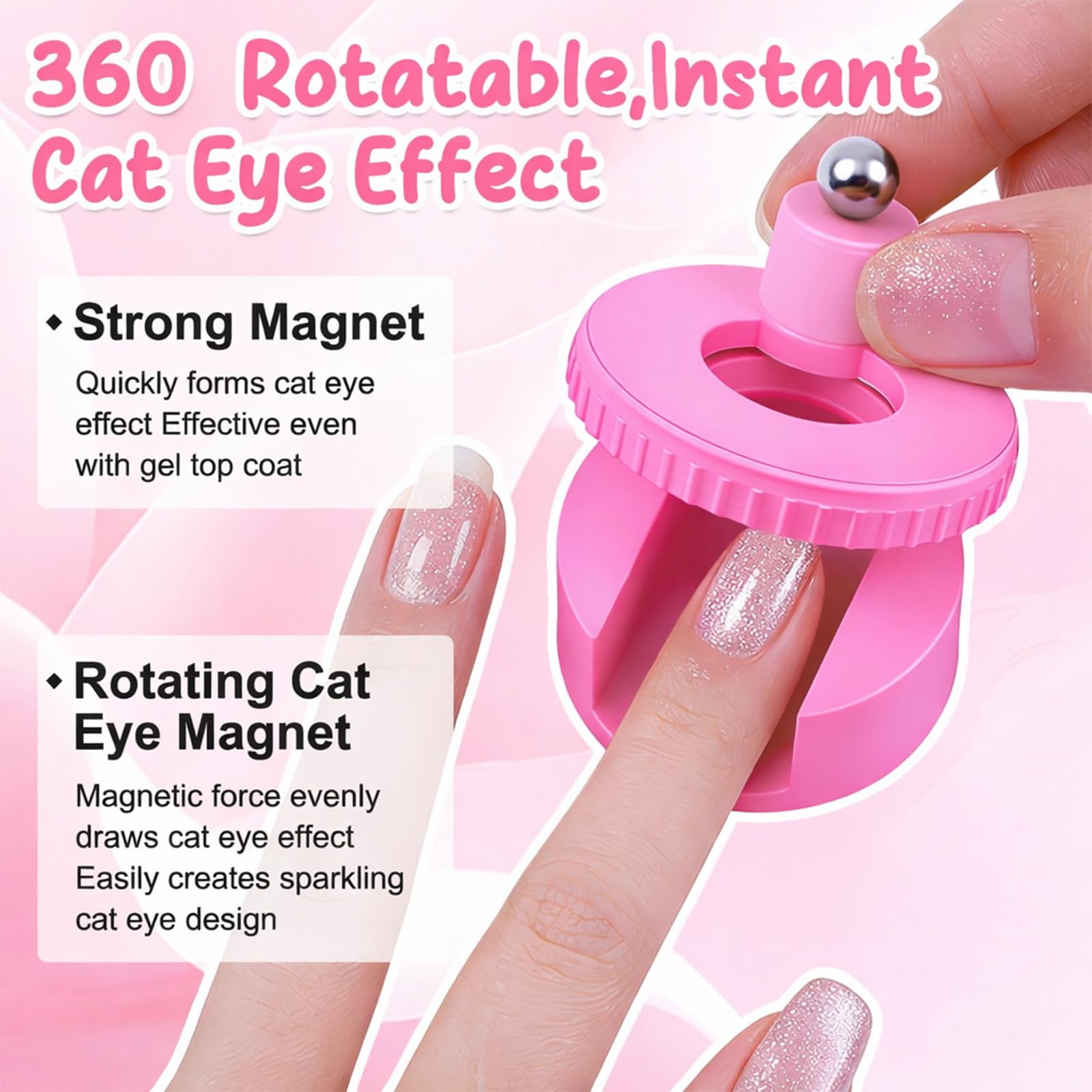2 PCS 360° Girevole Magnetico per unghie effetto occhio di gatto, Sfera magnetica forte per Nail Art, Forza magnetica uniforme, Strumento magnetico principianti di Nail Design (Rosa &