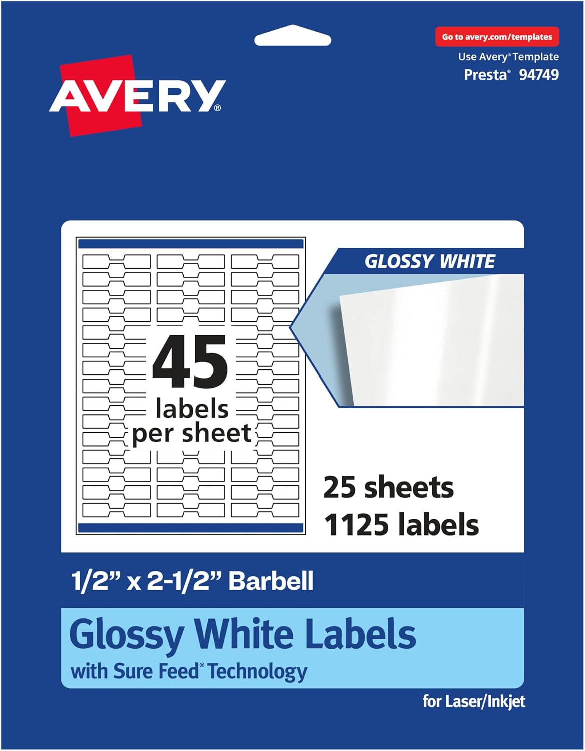 Avery Glossy White Barbell Labels, Sure Feed Technology, 0.5" x 2.5", 1,125 Glossy White Labels, Permanent Adhesive, Laser/Inkjet Printable