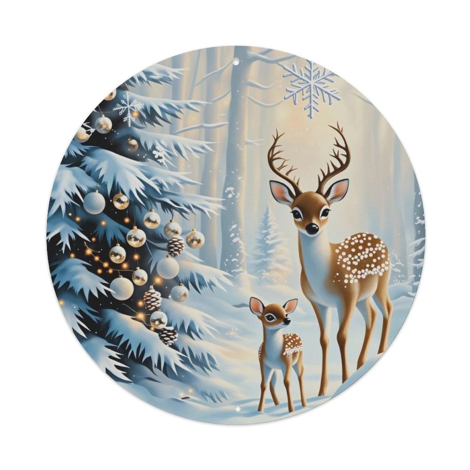Winter Forest Deer Christmas Tree Holiday Round Decor Sign Vintage Aluminium Metal Sign, Retro Wall Decor for Home, Bar, Garage & Farmhouse 20x20cm