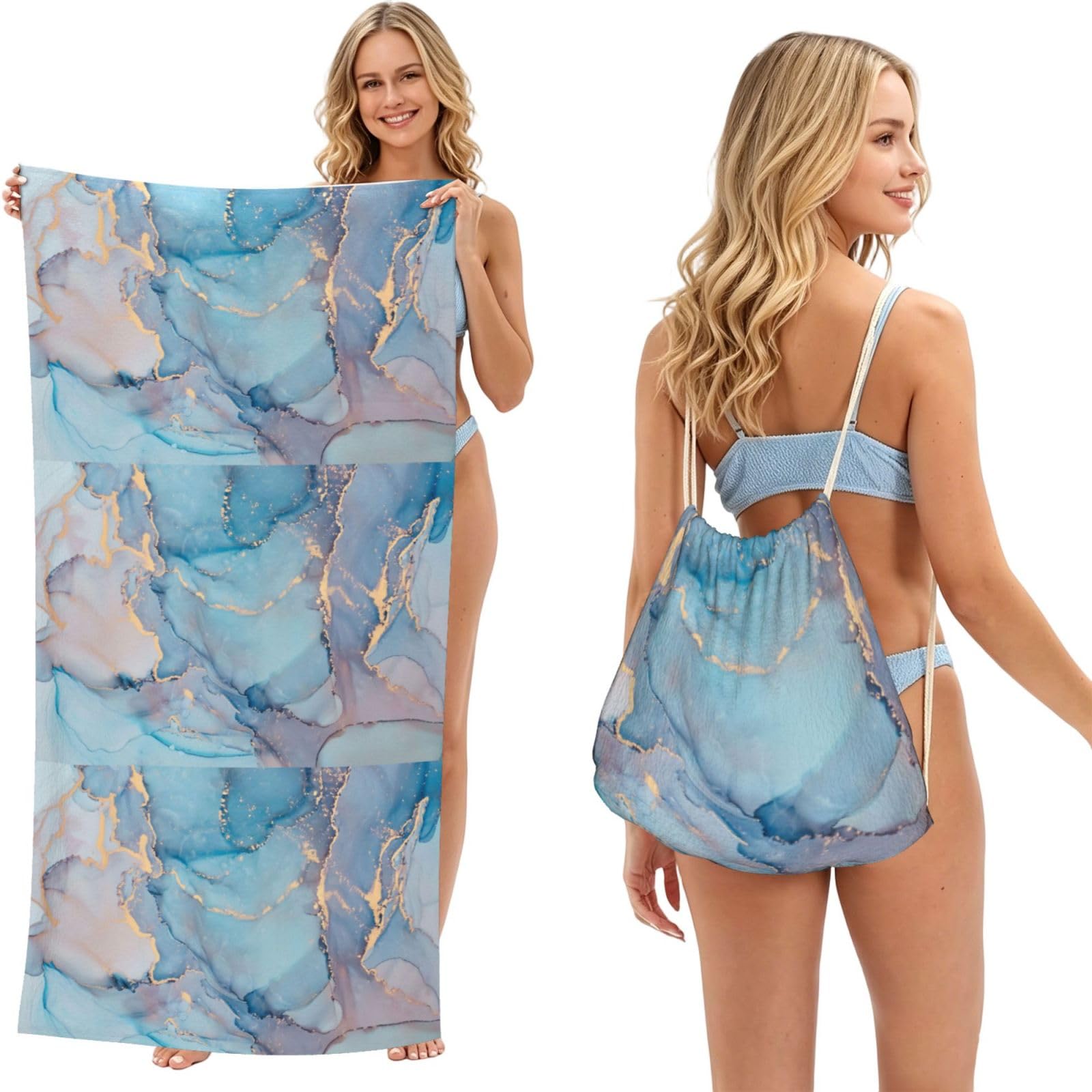 Poadnly As Picture Blue Gold Marble Texture Ocean Art, 2 In 1 Packable Towel Bag, Beach Towels With Drawstring Backpack For Travel Holiday Camping