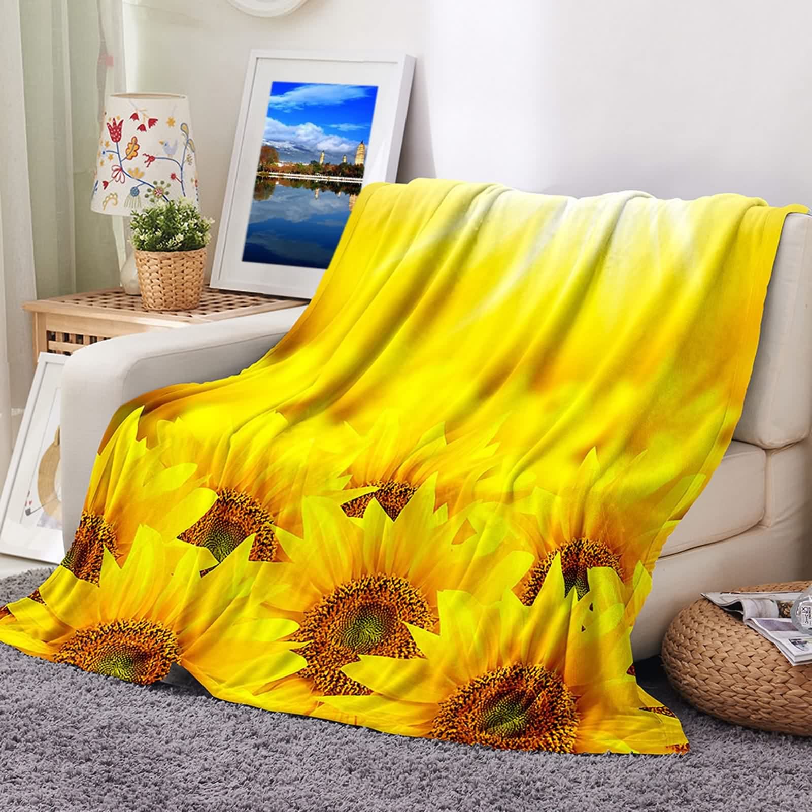 Daesar Natale Coperte Pile Fantasia, Coperte Flanella Matrimoniali/Singolo Divano/Letto Giallo Motivo Girasoli Tema Piante Coperta Calda Invernale, 180x240cm