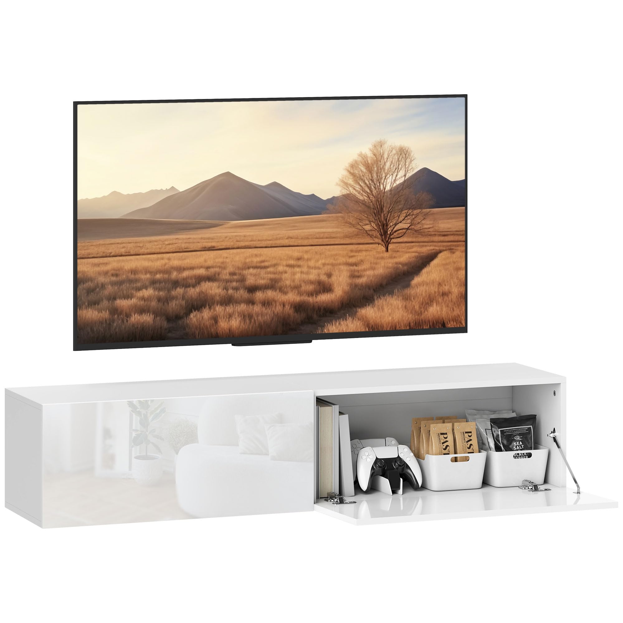 HOMCOM Mobile TV Sospeso per Televisori 45"-55"-65" Mobile Porta TV con 2 Armadietti con Ante a Ribalta per Salotto, Soggiorno e Camera da Letto 140x33x29.8 cm Bianco Lucido