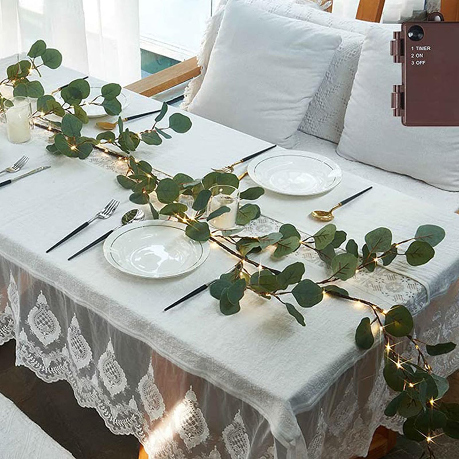 Generisch Biegbare, realistische Eukalyptusblätter, LED Girlanden für Kaminsimse, Treppenaufsätze, Hochzeiten, Weihnachtsdekorationen, warmweiße Girlanden mit Feenlichtern