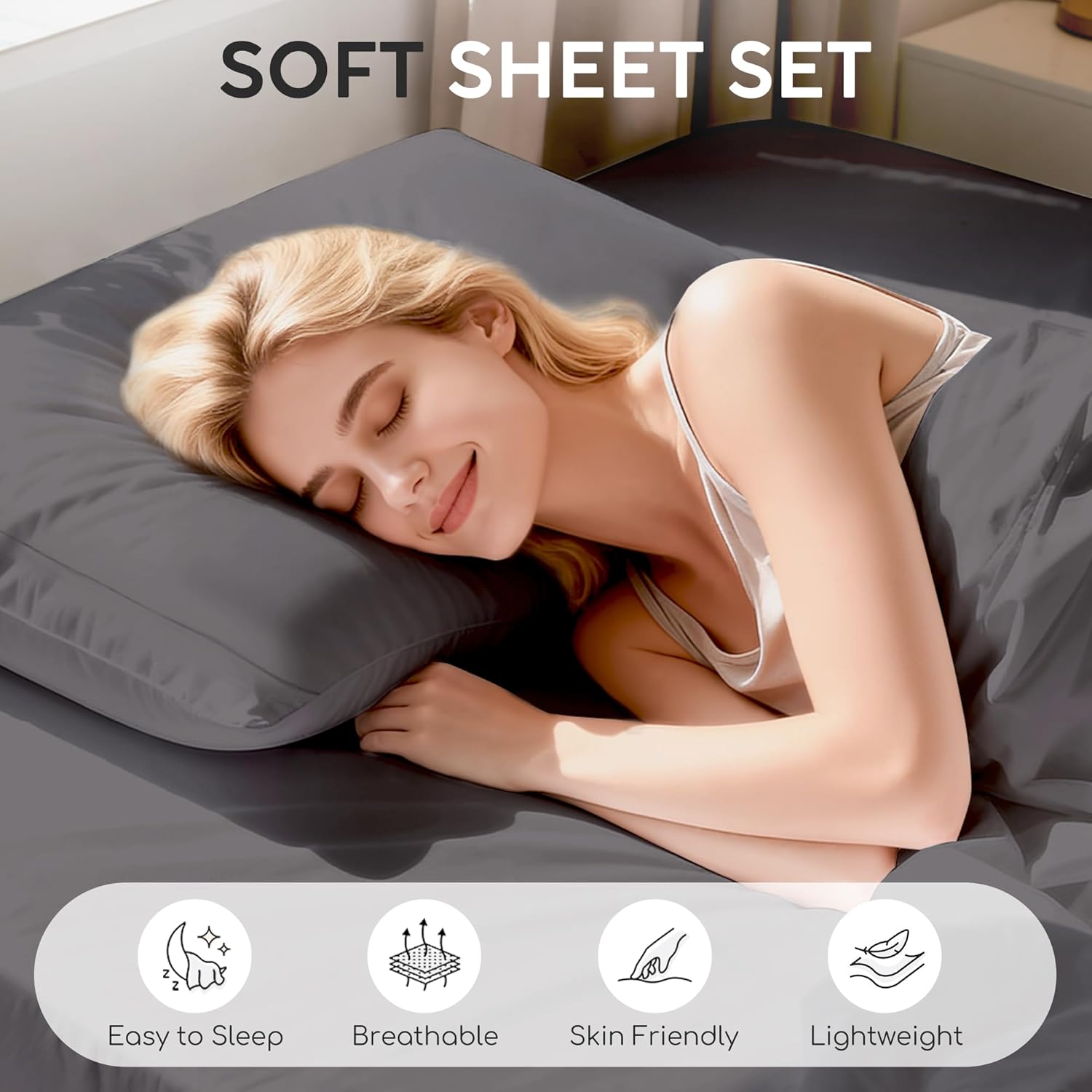 Tokokimo Queen Sheet Set 4 Piece, Super Soft Washed Cotton-Linen Feel Microfiber, 16" Deep Pocket Fitted Sheet, 1 Flat Sheet, 2 Pillowcases, Breathable Bed Sheets, Grey