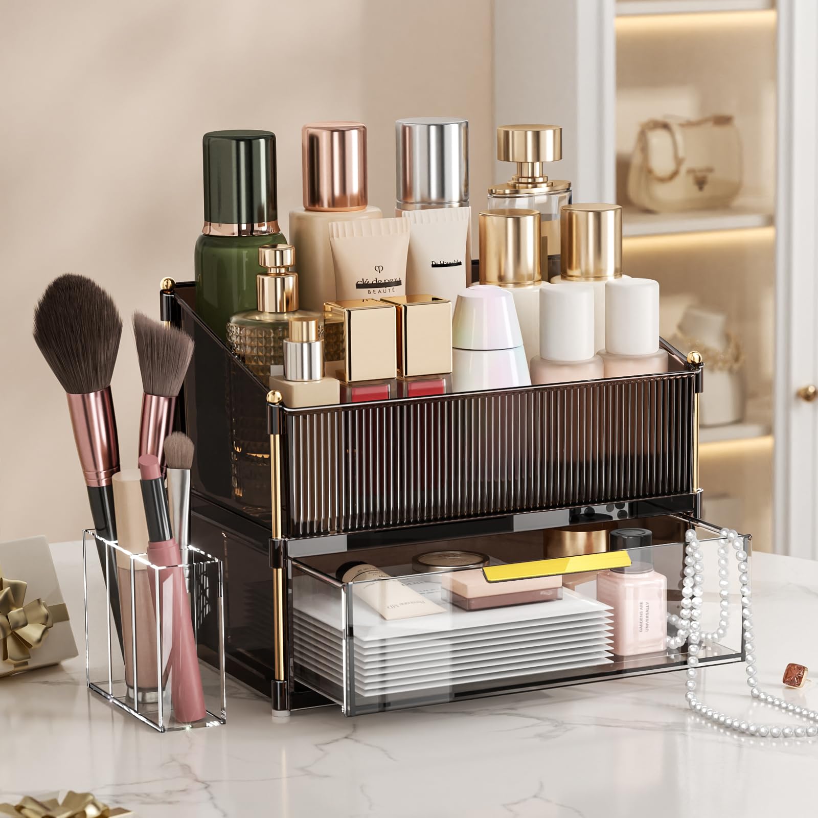 INVSSENE Stapelbarer Make-up-Organizer, Arbeitsplatte, Aufbewahrung von Parfüm, Hautpflege, Kosmetik, Lippenstift, Gesichtsmaske, Make-up-Pinsel-Paletten, ideal für Schminktisch, Badezimmer, Theke