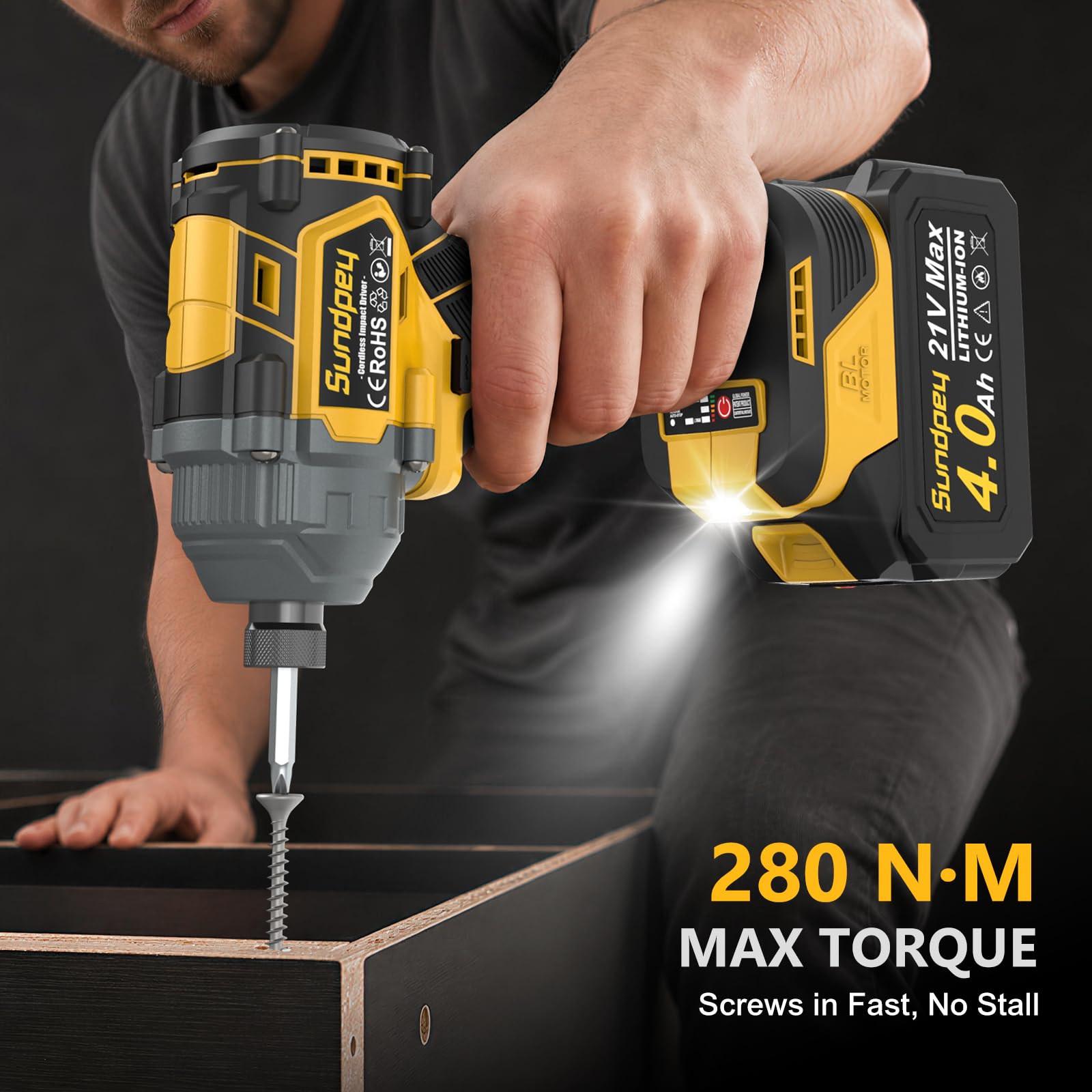 Sundpey Avvitatore a Impulsi Senza Fili 280N·m, Giallo | Avvitatore ad Impulsi con 14 Prese e 10 Punte 21V Avvitatore a Percussione Brushless Serrare e Rimuovere Rapidamente le Viti