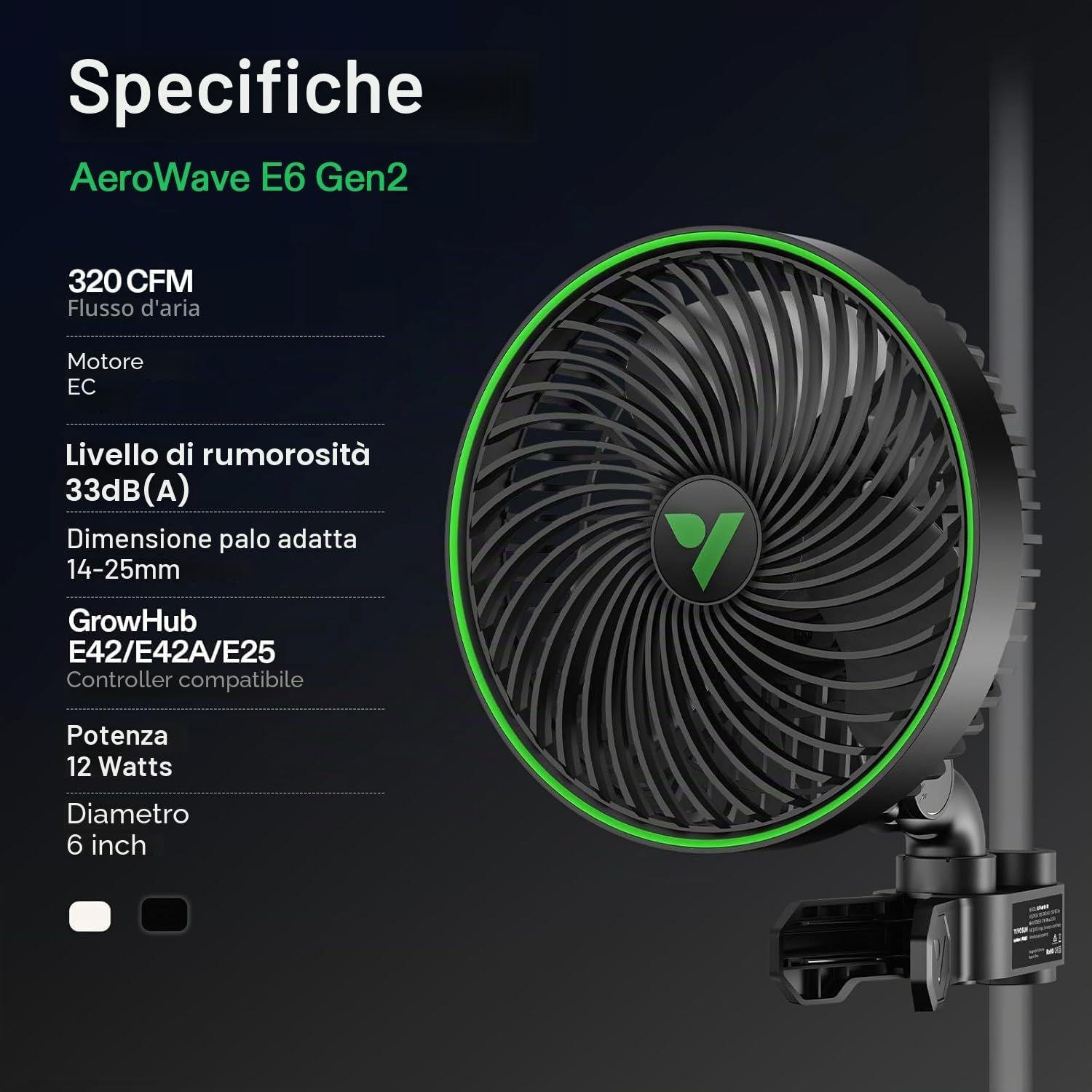 VIVOSUN Grow Ventilatore Clip Smart AeroWave E6 Gen2, 6" Motore EC, Controllo APP/WiFi con Timer, 10 Velocità, Oscillante 12W IP54, per Grow Tent e Coltivazione Idroponica, Nero