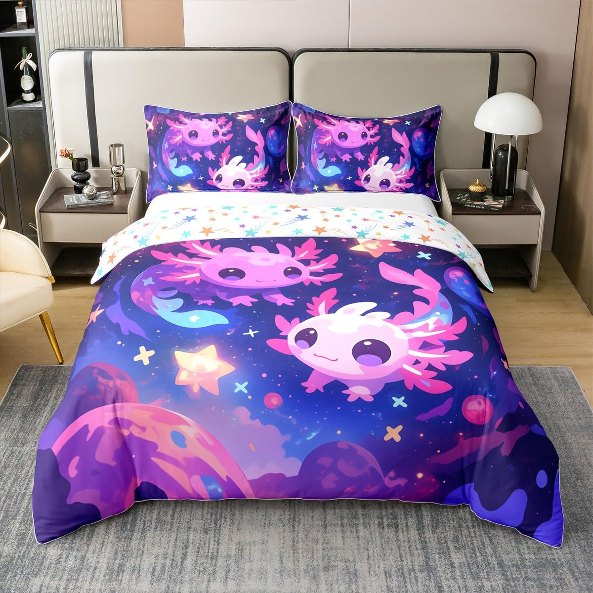 Homewish Dziewczęca poszewka na kołdrę Axolotl podwójna fioletowa galaktyka planeta bawełna zestaw pościeli kreskówka marzycielskie gwiaździste niebo poszewka na kołdrę dorośli urocze kosmiczne