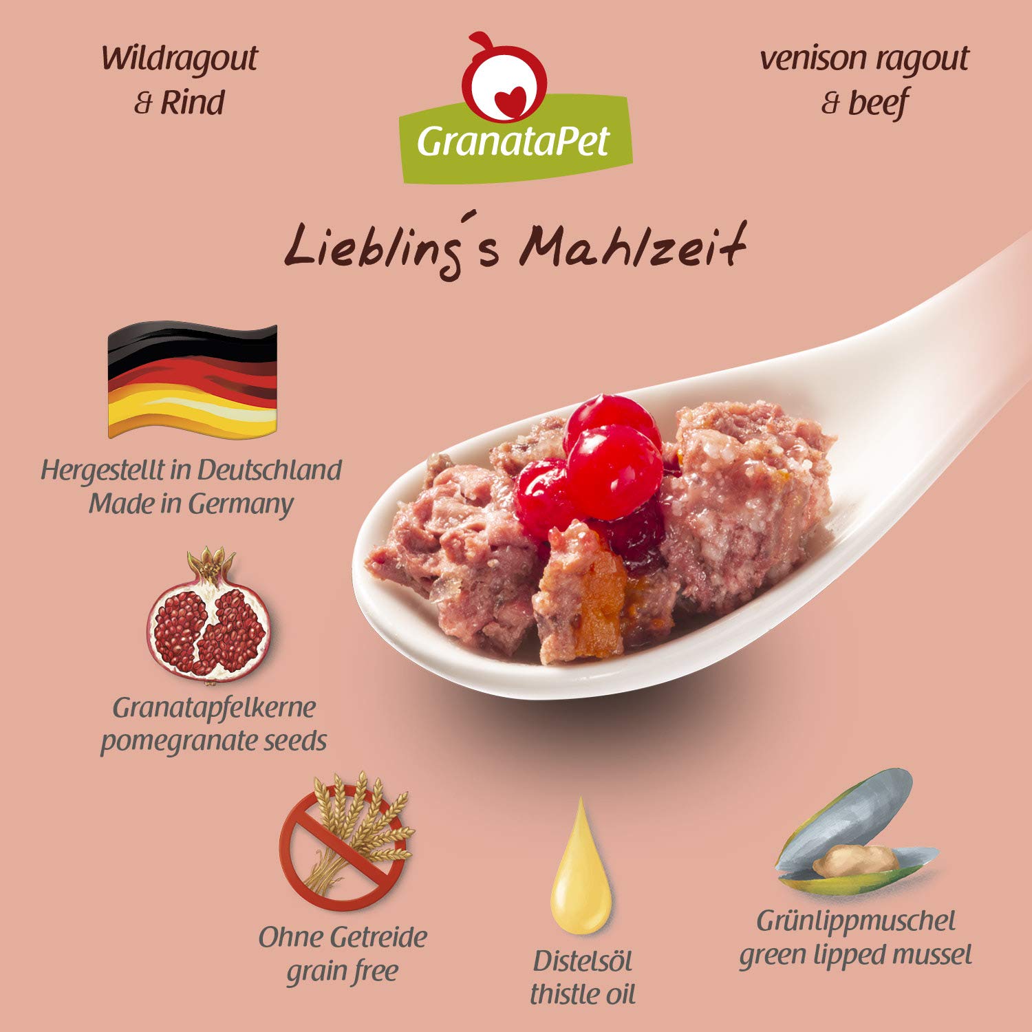 GranataPet Pasto preferito, ragù e manzo, cibo umido per cani, cibo per cani senza cereali e senza zucchero, alimento completo, 6 x 800 g & Pasto preferito Agnello e Patata, Alimento umido per cani