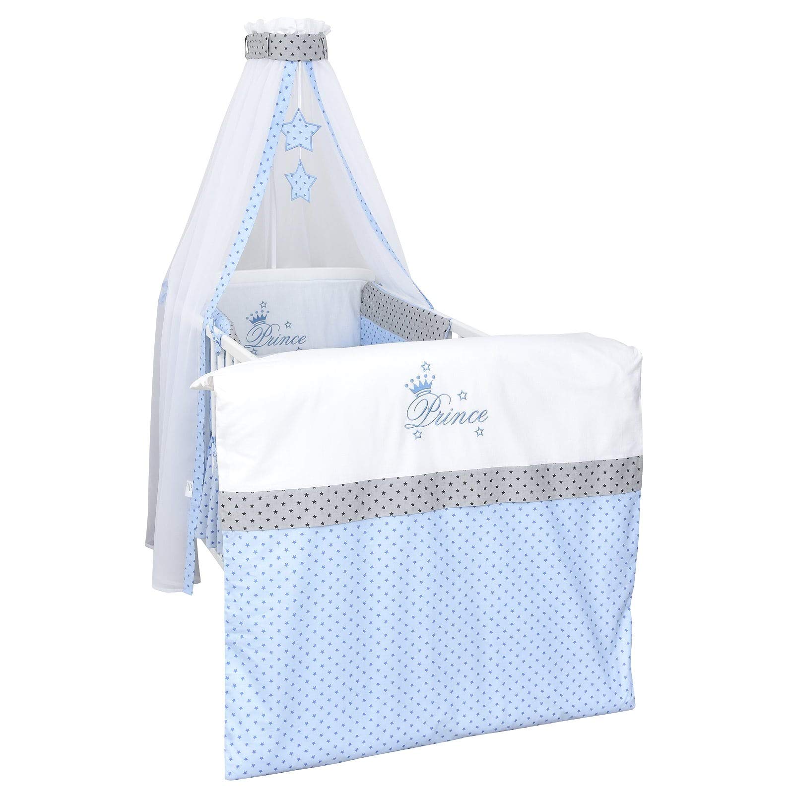 Generisch Baby Delux Babybett Komplett Set 9-TLG Kinderbett umbaubar zum Juniorbett 70x140 Matratze Jack Bettset Chiffonhimmel (Prince Stars)