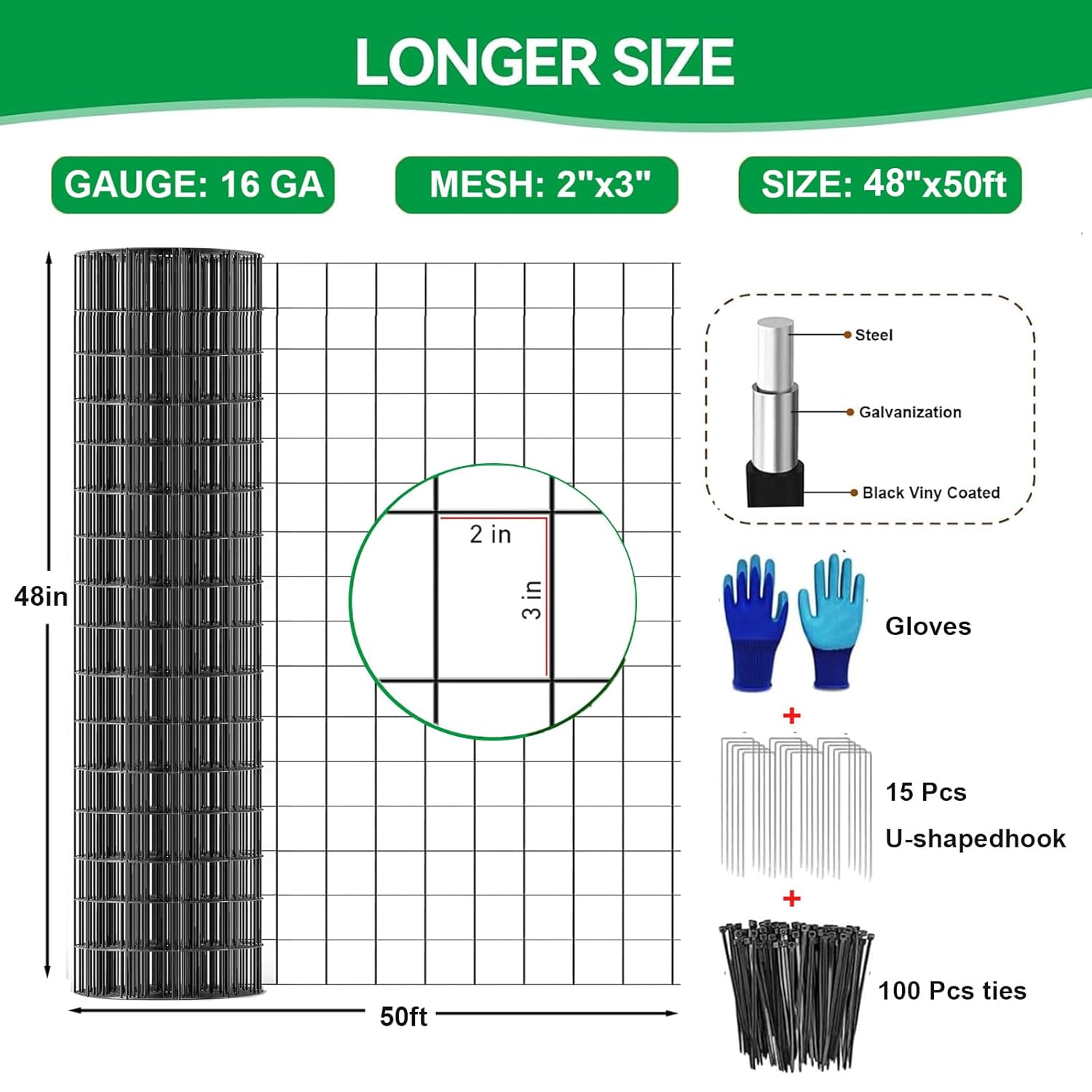 Welded Wire Fence 48inch x 50ft, 2inch x 3inch Black Chicken Wire Fencing, 16Gauge PVC Coated Garden Wire Fence Rolls, Anti-Rust Metal Fencing for Yard Plant Protection Poultry Netting