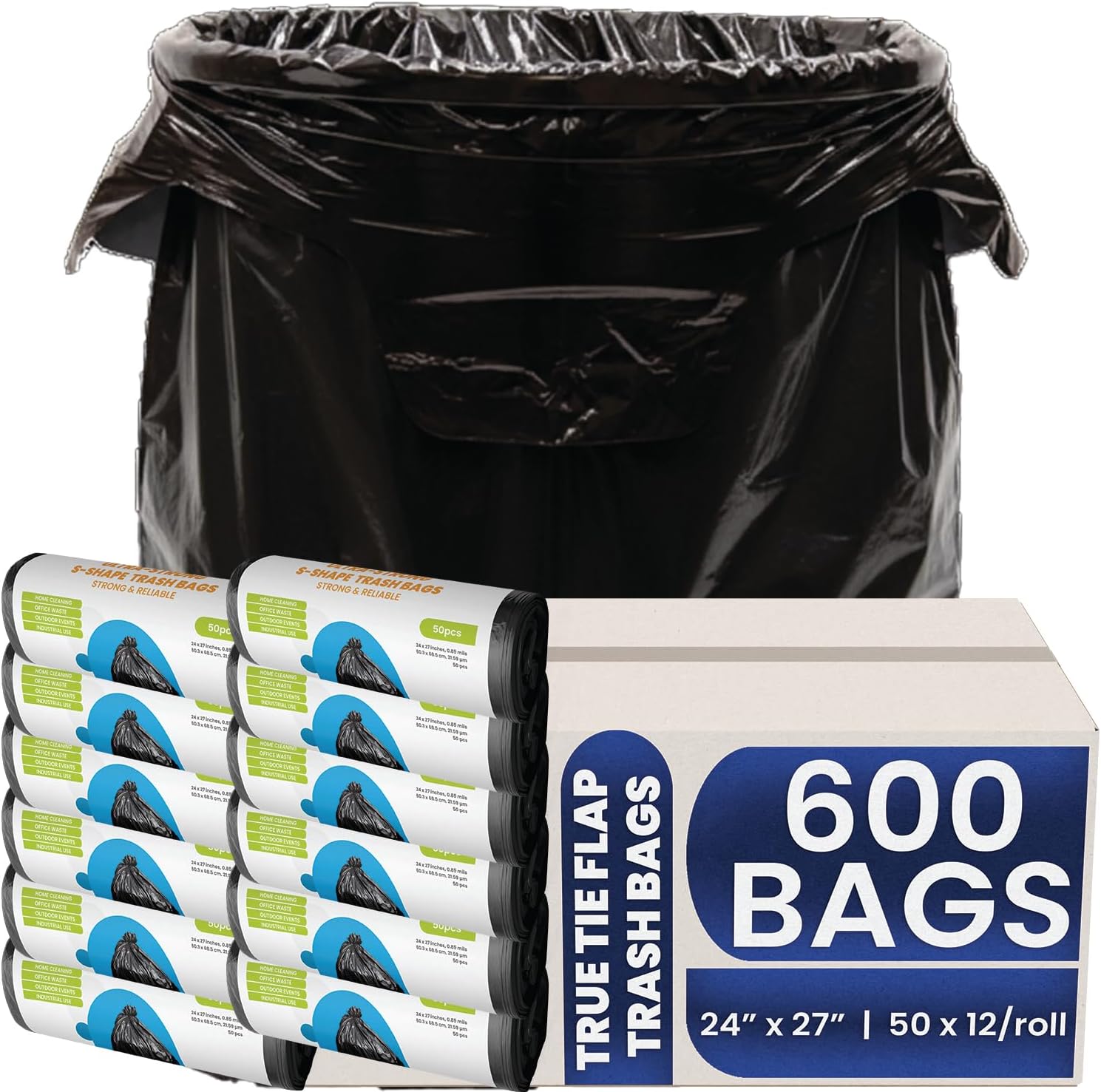 True Tie Flap (S-Cut) Trash Bags, 24×27 Inches, 0.85 Mil Thick, 600 Count – Flat Seal Bottom, 17 Gallon Capacity
