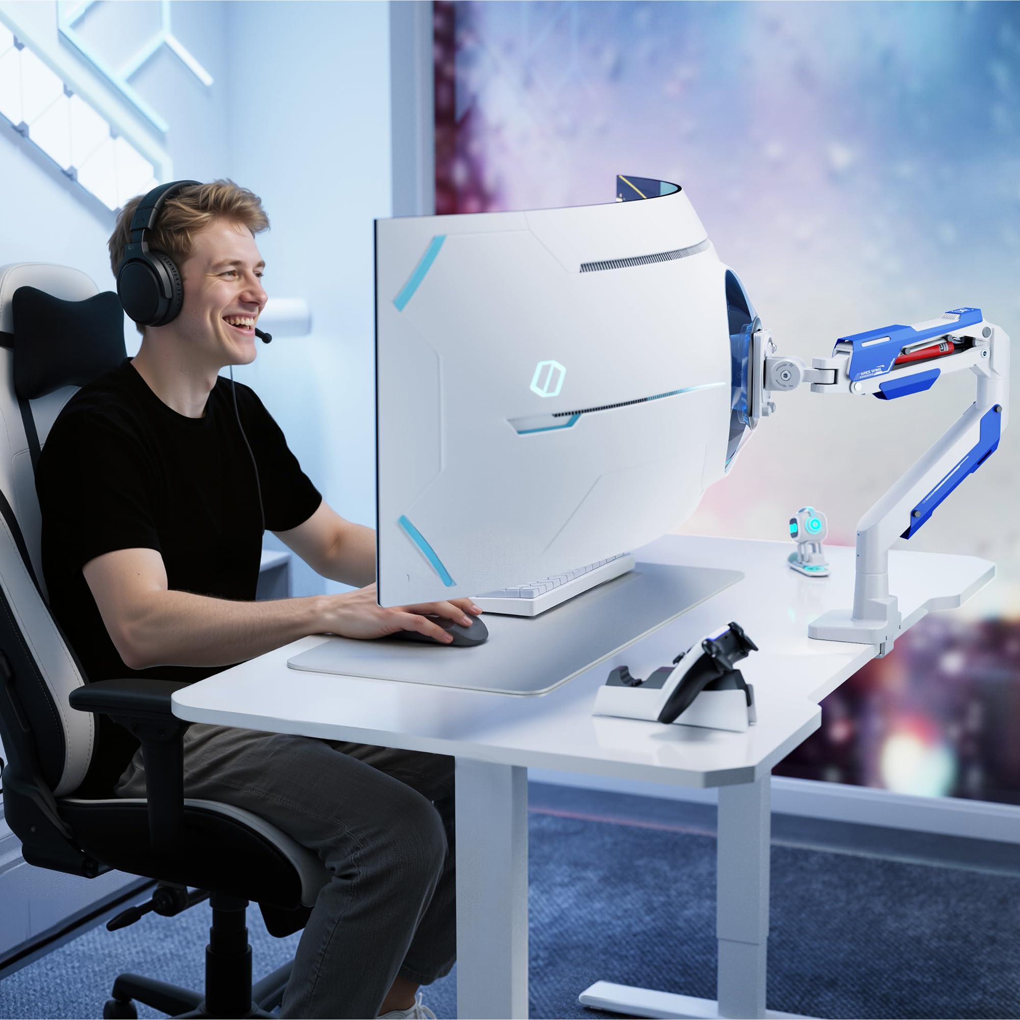 ARES WING Supporto per monitor Ultrawide 24 – 57 pollici, Bianco | braccio per monitor con molla a gas, altezza regolabile, portata massima 30 kg, VESA max fino a 200 x 200