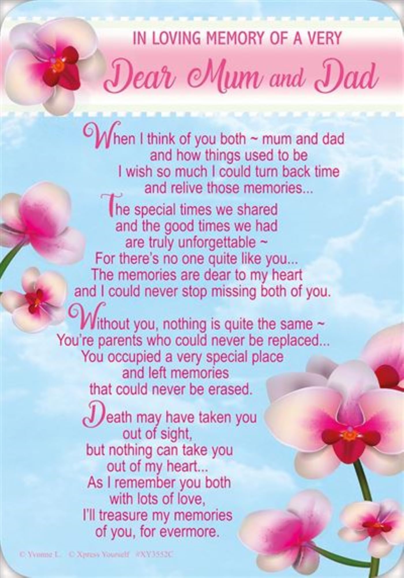 Loving Memory Graveside Memorial Card 6.25" x 4.25" Blue with Pink Orchids - Dear Mum & Dad