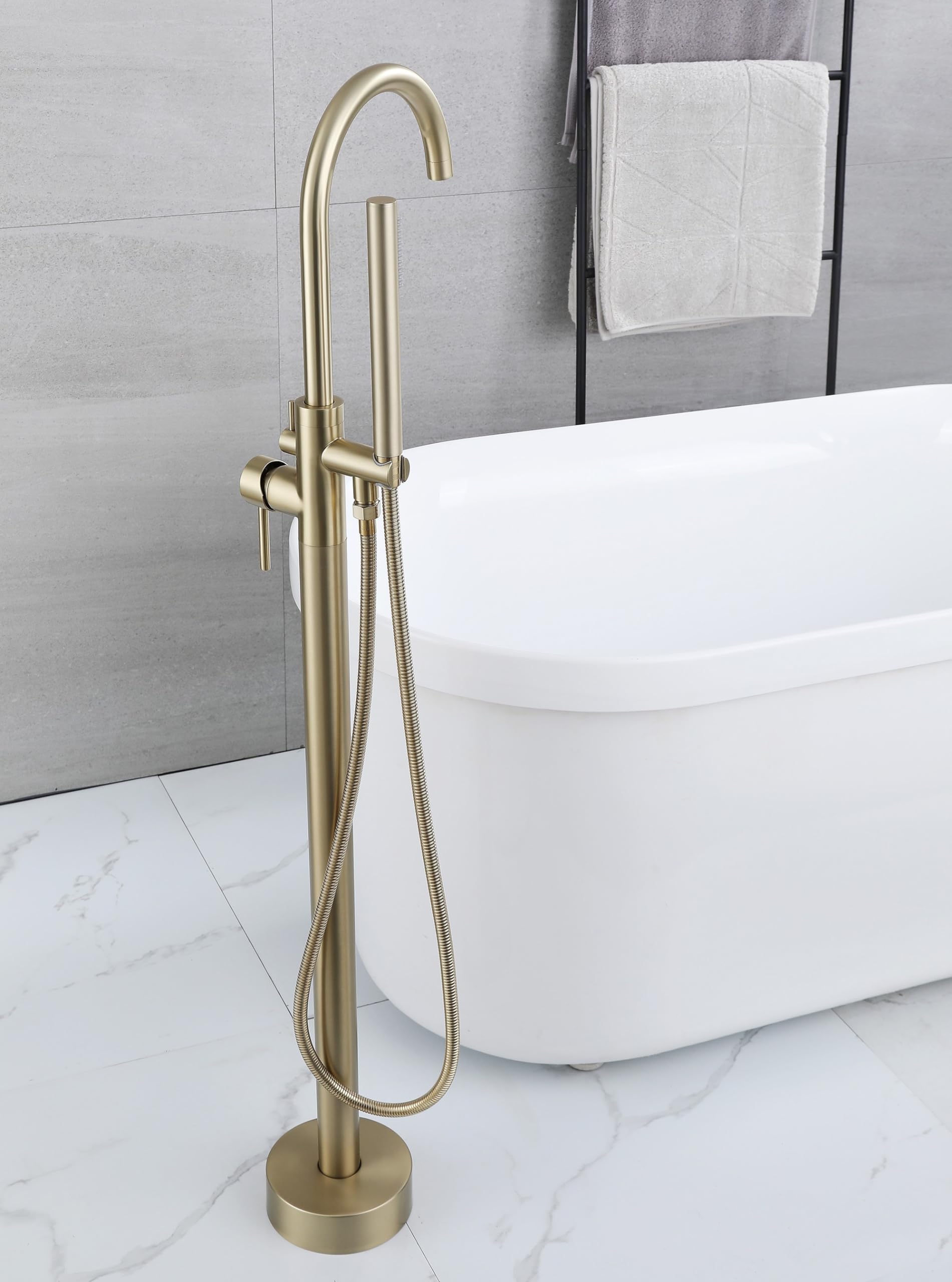 Freestanding Rubinetti Per Vasca, Montaggio A Pavimento Miscelatore Rubinetto Per Vasca Rubinetto Per Vasca Da Bagno Indipendente, Girevole A 360°, Con Doccetta Per Vasca (Oro spazzolato-A)