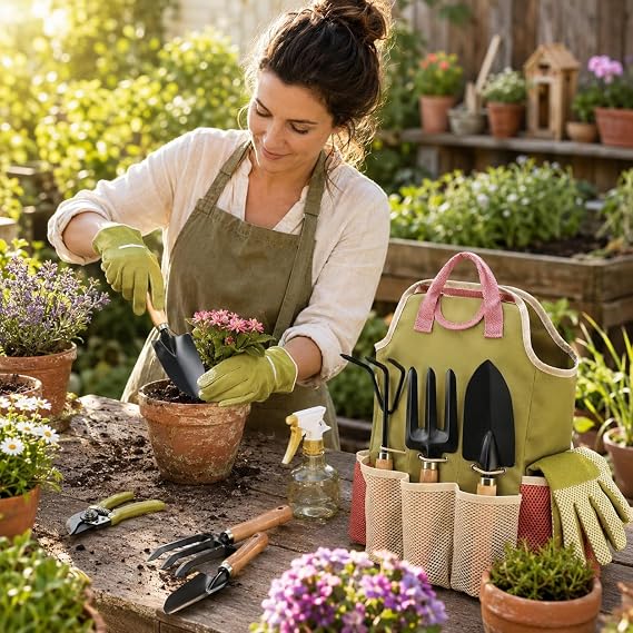 Gardening Kit - 9 PCs Garden Tools Set with Storage Tote Bag, Heavy Duty Stainless Steel Gardening Tools Gift Pack Including Rust-Proof Pruner, Trowel, Hand Rake & Fork