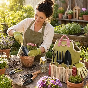 Gardening Kit - 9 PCs Garden Tools Set with Storage Tote Bag, Heavy Duty Stainless Steel Gardening Tools Gift Pack Including Rust-Proof Pruner, Trowel, Hand Rake & Fork