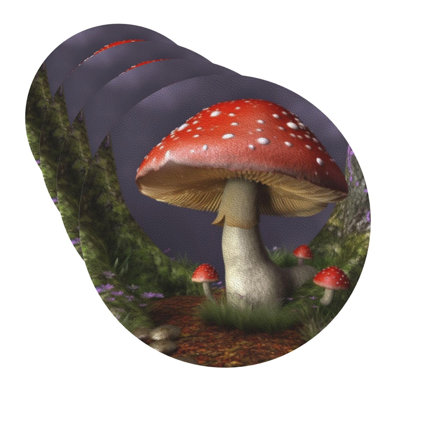 Xopekvlawm Women's Round Shape Drink Coasters Set Of 4 Quick-Dry Leather Coaster Giant Mushroom Coasters For Drinks Coffee Cup Mat Tabletop Protection Heat Resistant Coaster For Kitchen Bar Office Home Decor