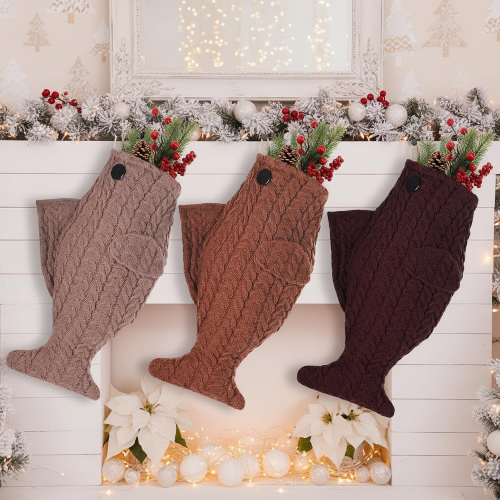 Coume Lot de 3 grandes chaussettes de Noël tricotées de style bohème à suspendre pour cheminée, arbre, cadeau, chaussettes de Noël pour fêtes de Noël (série marron, tricot)