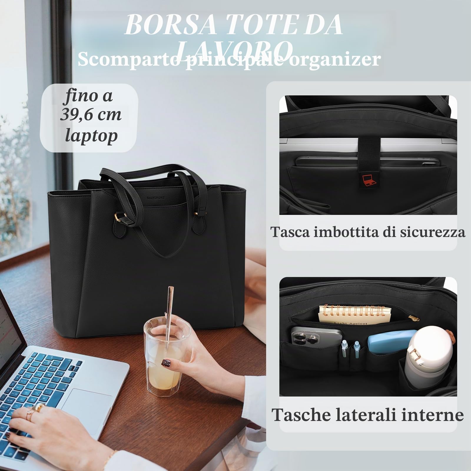 RAINSMORE Borsa Università Donna Grande Lavoro Donna 15.6 Pollici Borsa Porta Pc Impermeabile Pelle PU Elegante Tote Bag Tracolla per Ufficio Business