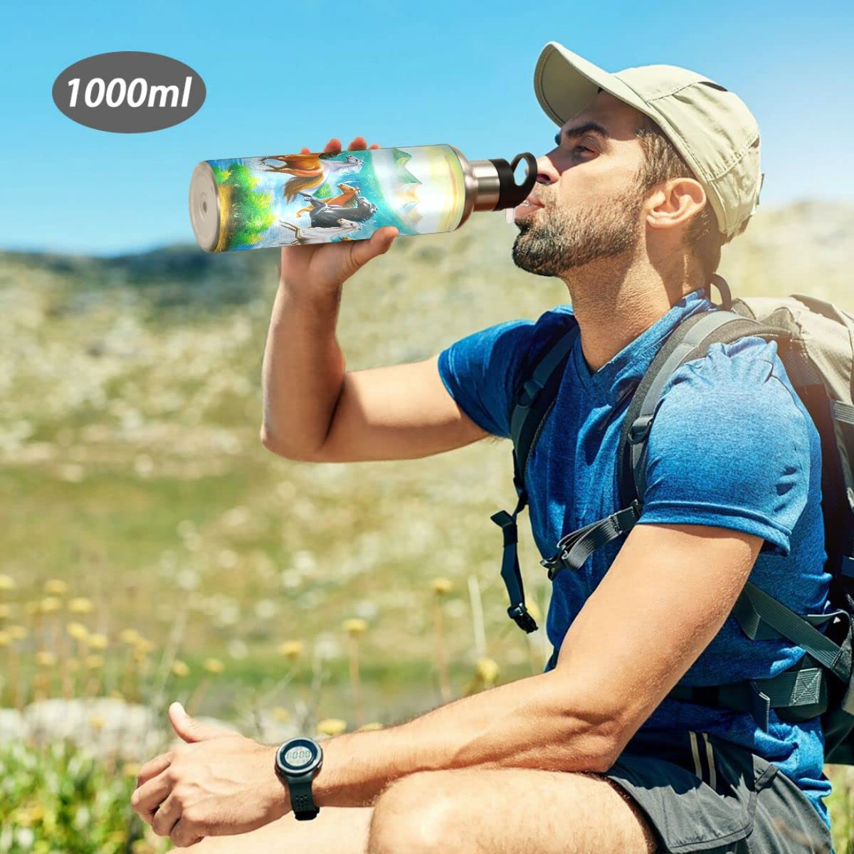 Edelstahl Wasserflasche mit Strohhalm, Pferdemalerei Isolierte Trinkflasche Sport Wasserflasche für Kinder Erwachsene, auslaufsicher, 1L