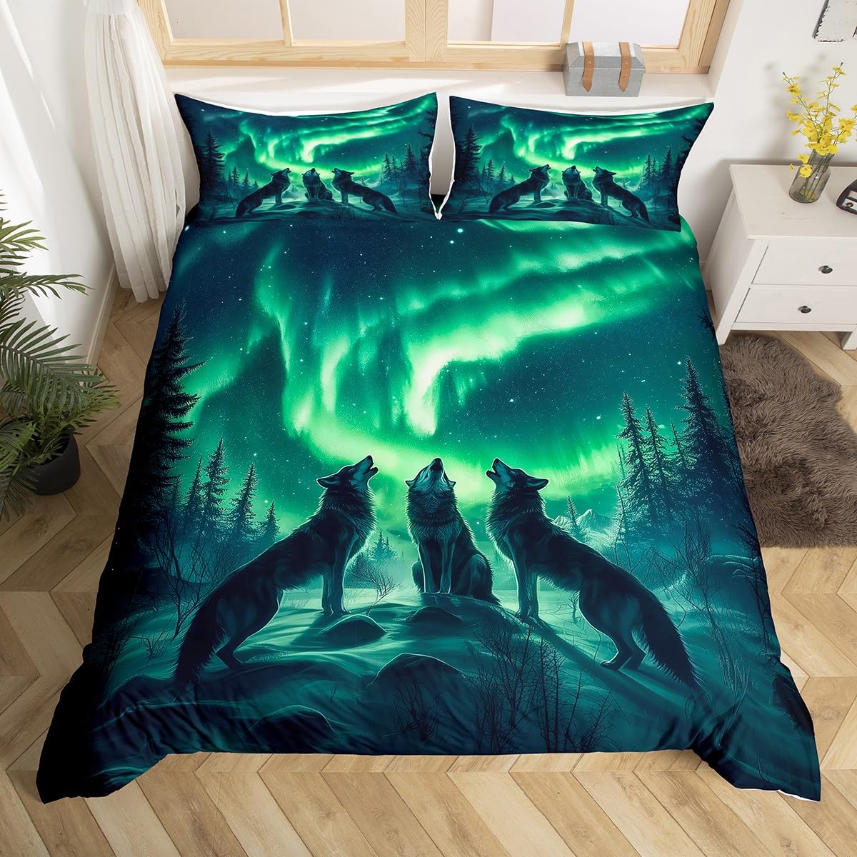 Homewish Aurora Wolf Duvet Cover Double,Wildlife Hunting Wolf Bedding Set for Kids Boys Men,Northern Lights Nature Duvet Cover Woodland Pine Tree Bed Set 3Pcs Bedroom Decor (No Comforter)