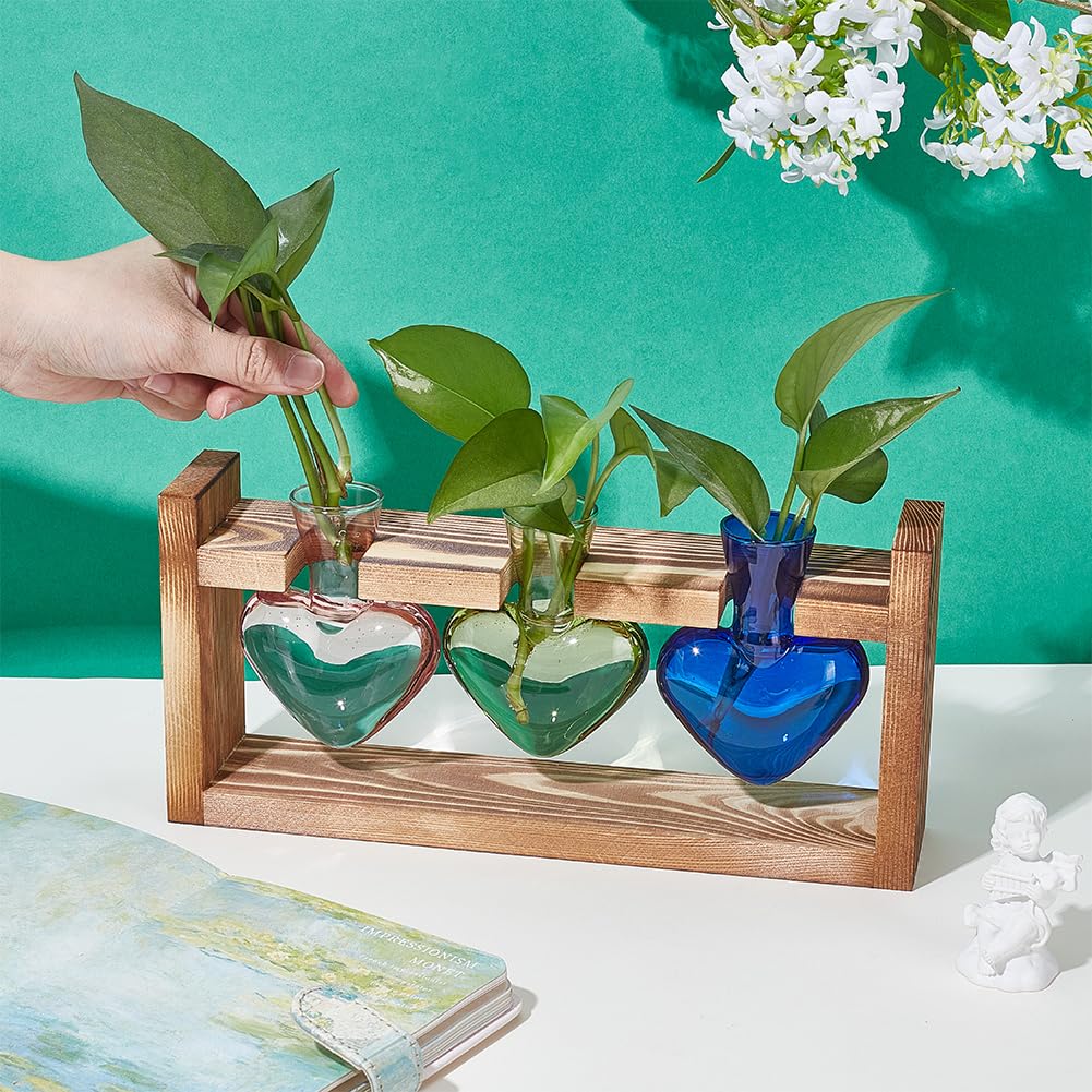 UNICRAFTALE Stations De Propagation De Plantes Terrarium avec Support en Bois Bulbe d'air Vase en Verre en Coeur pour Hydroponique Décoration De Maison Jardin Bureau Cadeaux Jardinage Unique 28x7.7cm