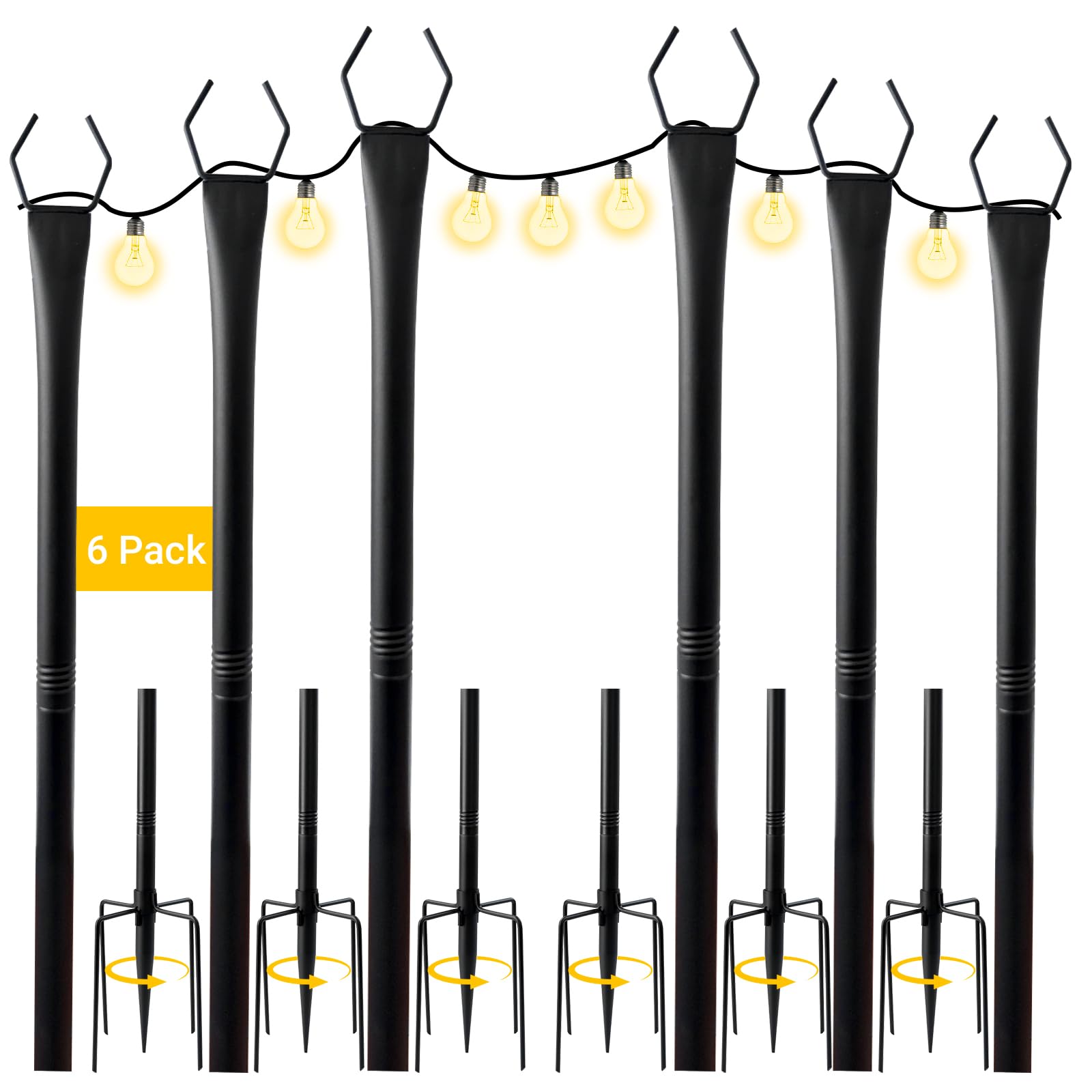 String Light Pole for Outdoor Hanging - 10ft Patio Light Post with Fence Brackets Hanging Lights, Metal Stand Deck for Backyard, Garden, Wedding, Bistro Lights (6)
